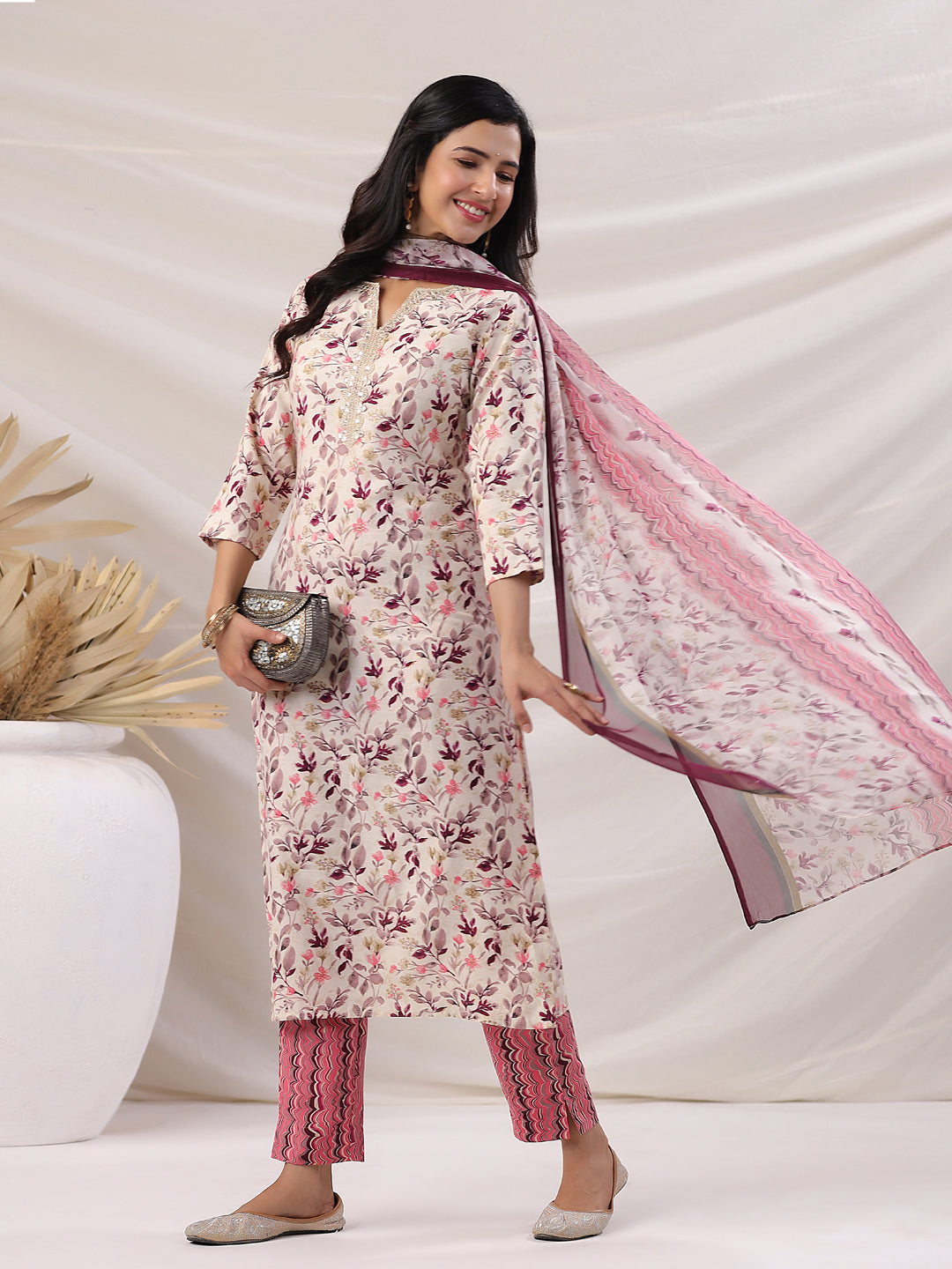 Janasya Straight Biscuit Slub Beige Floral Notch Neck Kurta,Bottom & Dupatta