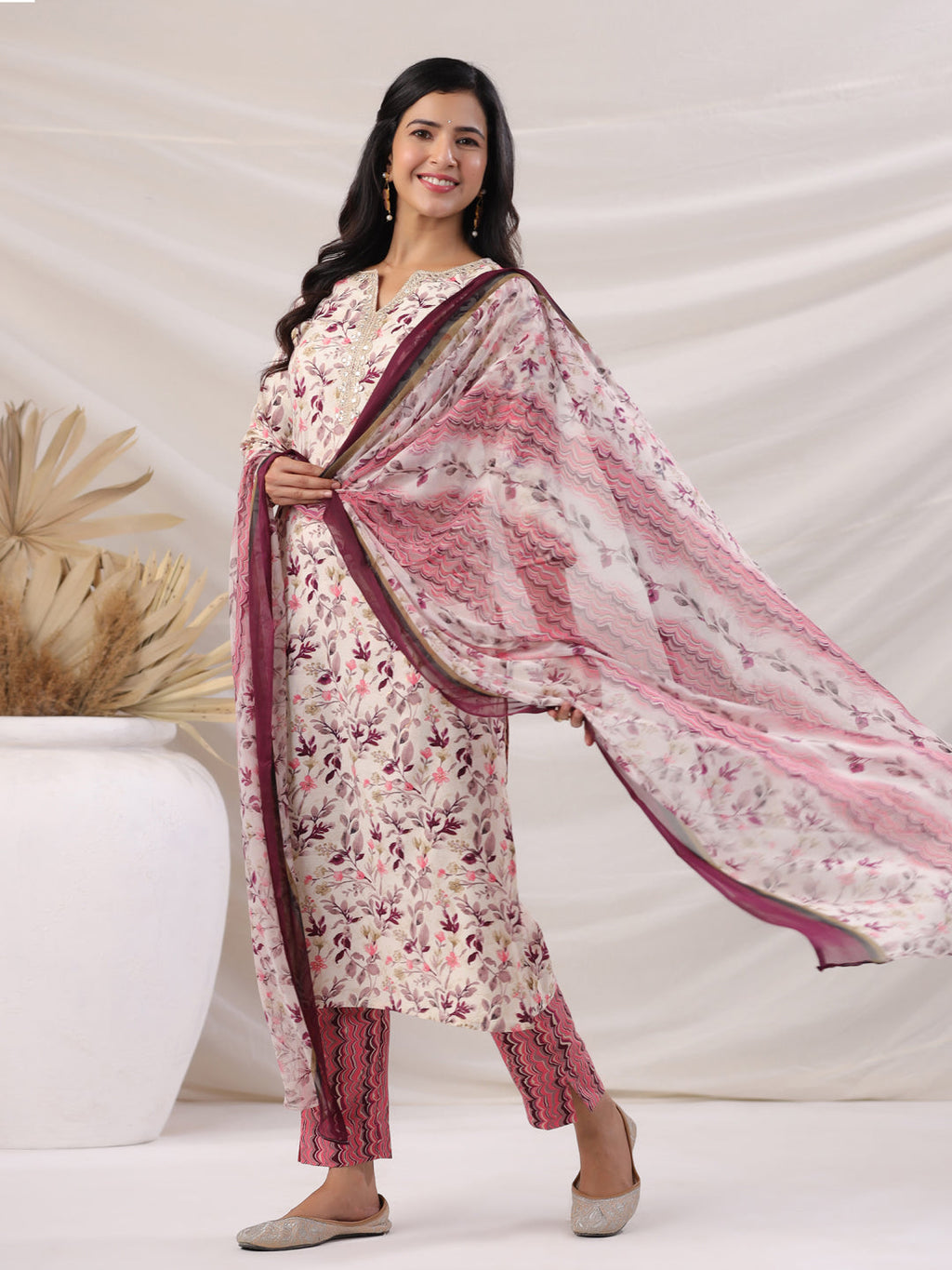 Janasya Straight Biscuit Slub Beige Floral Notch Neck Kurta,Bottom & Dupatta