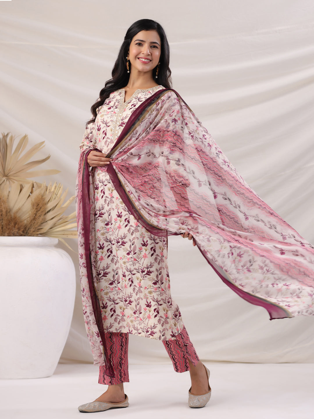Janasya Straight Biscuit Slub Beige Floral Notch Neck Kurta,Bottom & Dupatta