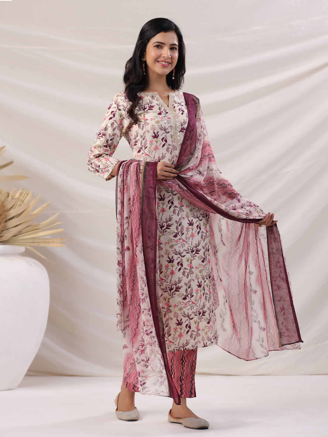 Janasya Straight Biscuit Slub Beige Floral Notch Neck Kurta,Bottom & Dupatta