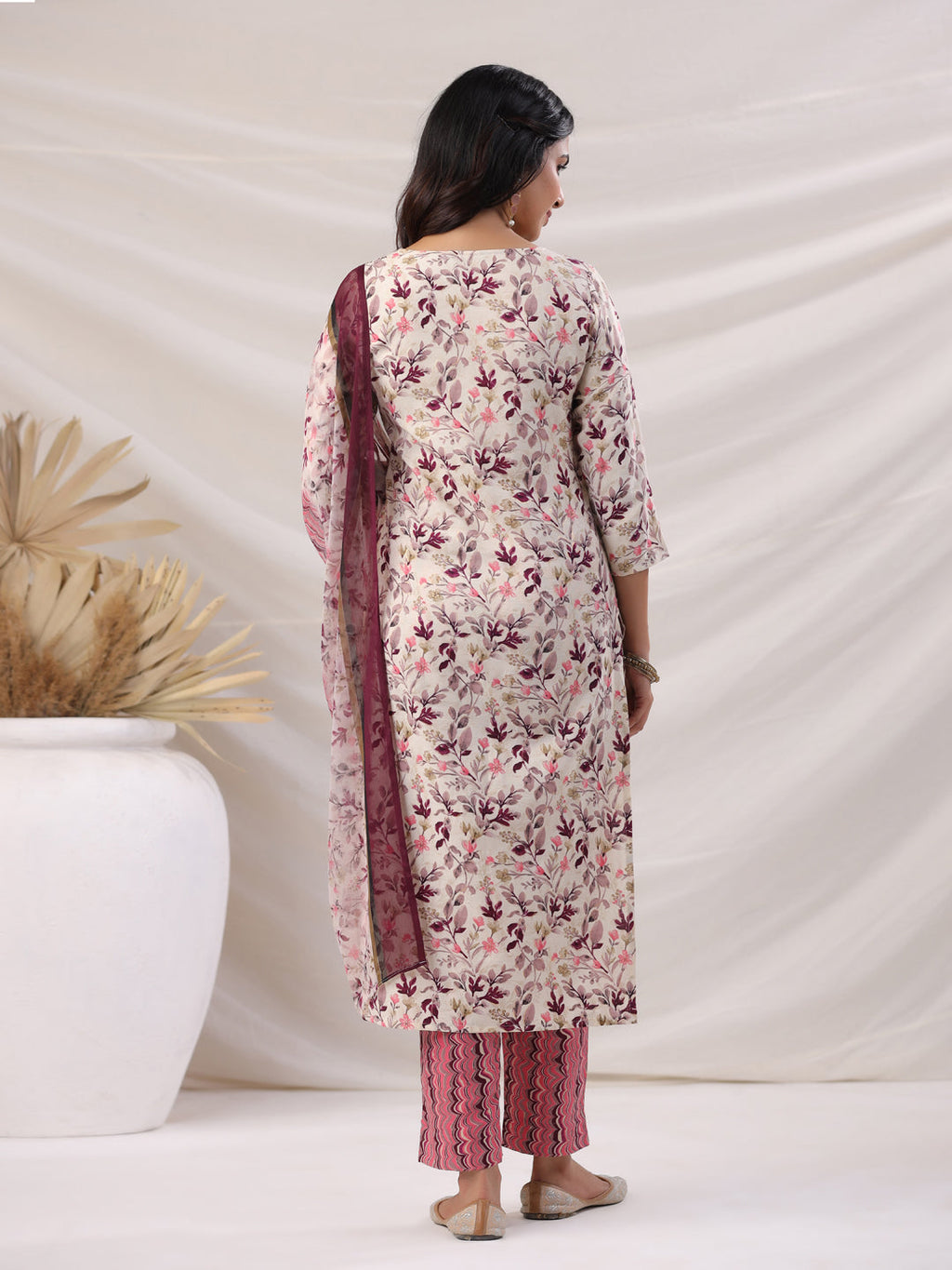 Janasya Straight Biscuit Slub Beige Floral Notch Neck Kurta,Bottom & Dupatta