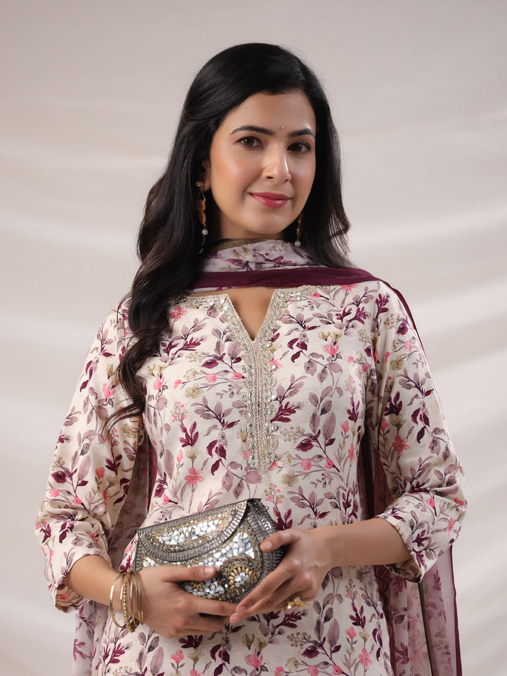 Janasya Straight Biscuit Slub Beige Floral Notch Neck Kurta,Bottom & Dupatta