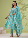 Janasya A-Line Poly Cotton Aqua Floral V-Neck Kurta,Bottom & Dupatta