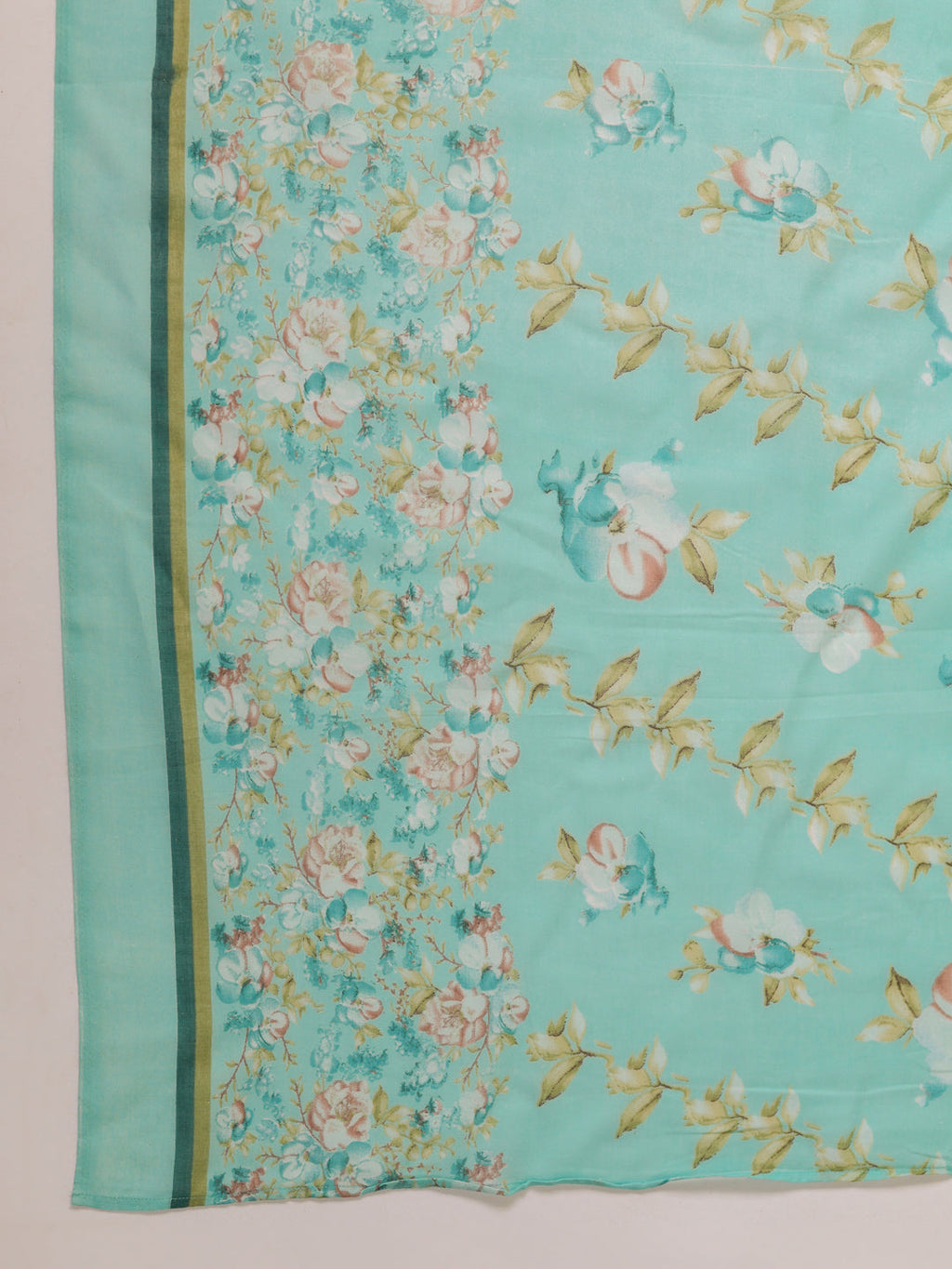 Janasya A-Line Poly Cotton Aqua Floral V-Neck Kurta,Bottom & Dupatta