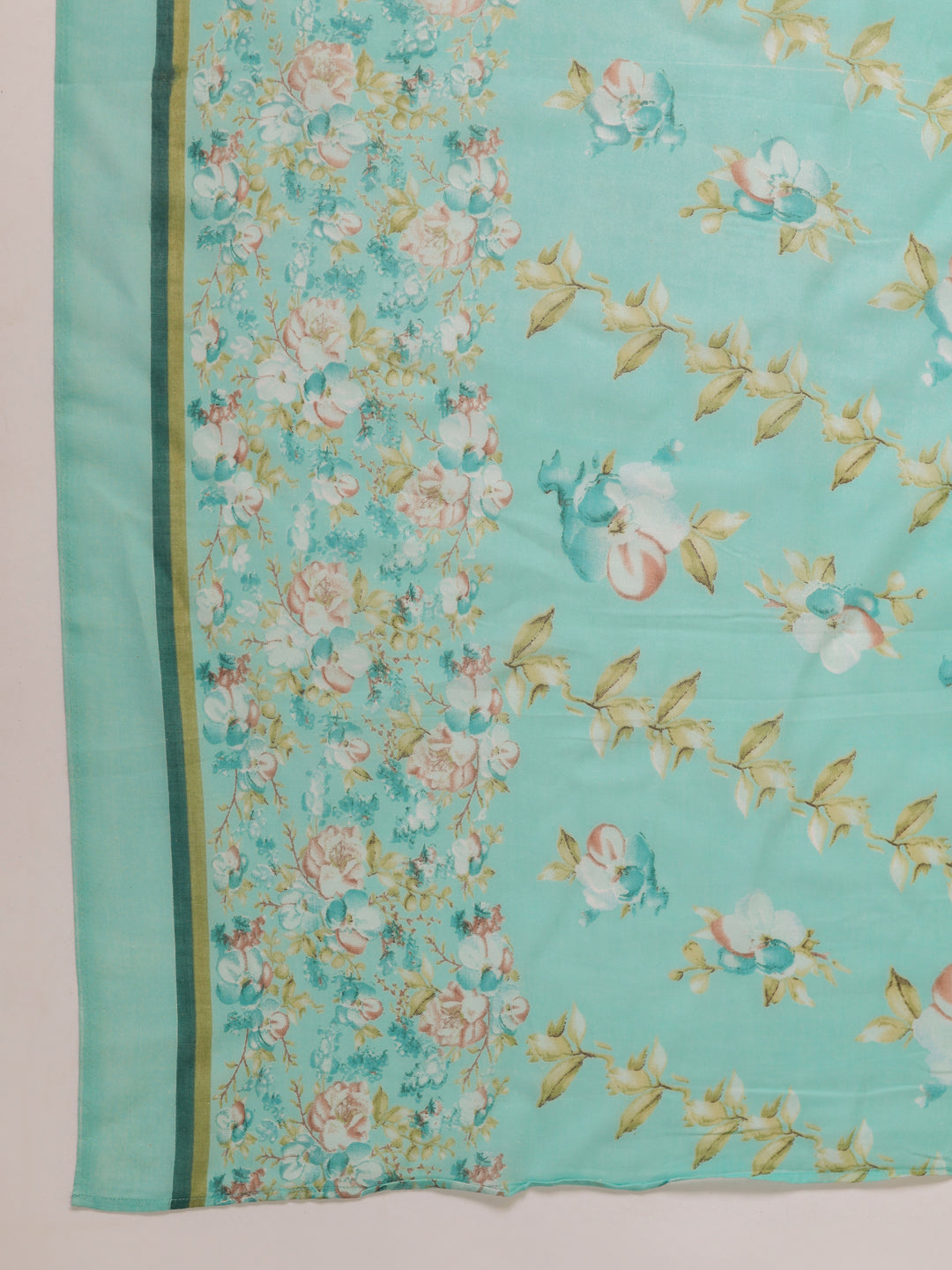 Janasya A-Line Poly Cotton Aqua Floral V-Neck Kurta,Bottom & Dupatta