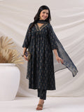 Janasya Pleated Biscuit Slub Teal Ethnic Motifs V-Neck Kurta,Bottom & Dupatta