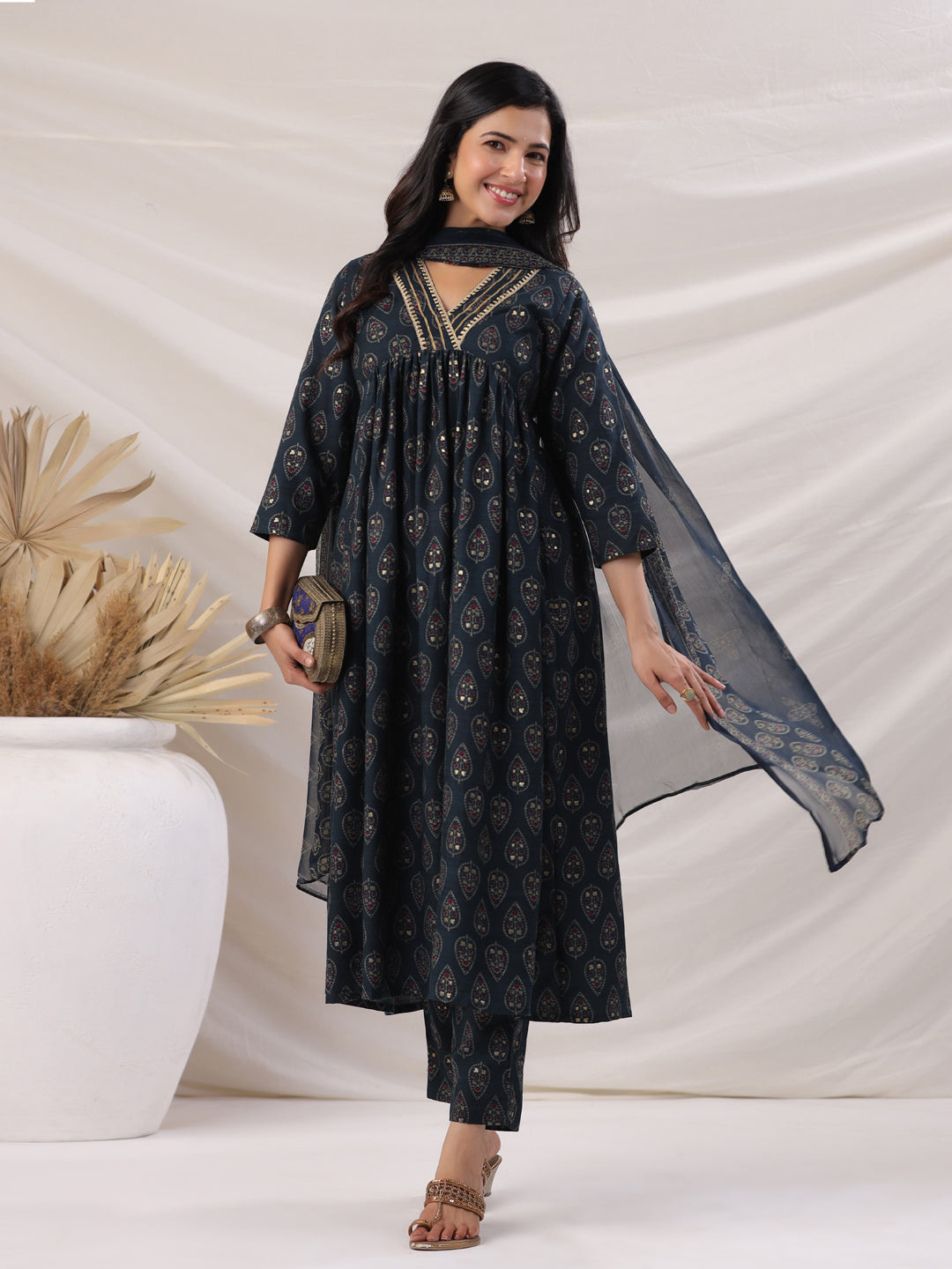 Janasya Pleated Biscuit Slub Teal Ethnic Motifs V-Neck Kurta,Bottom & Dupatta
