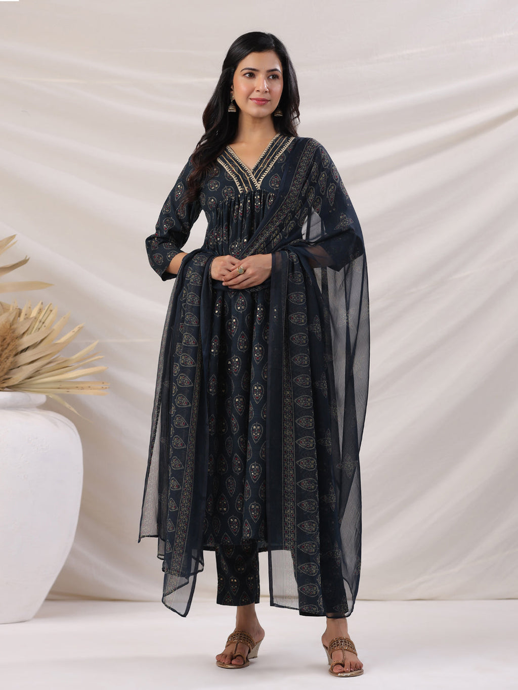 Janasya Pleated Biscuit Slub Teal Ethnic Motifs V-Neck Kurta,Bottom & Dupatta