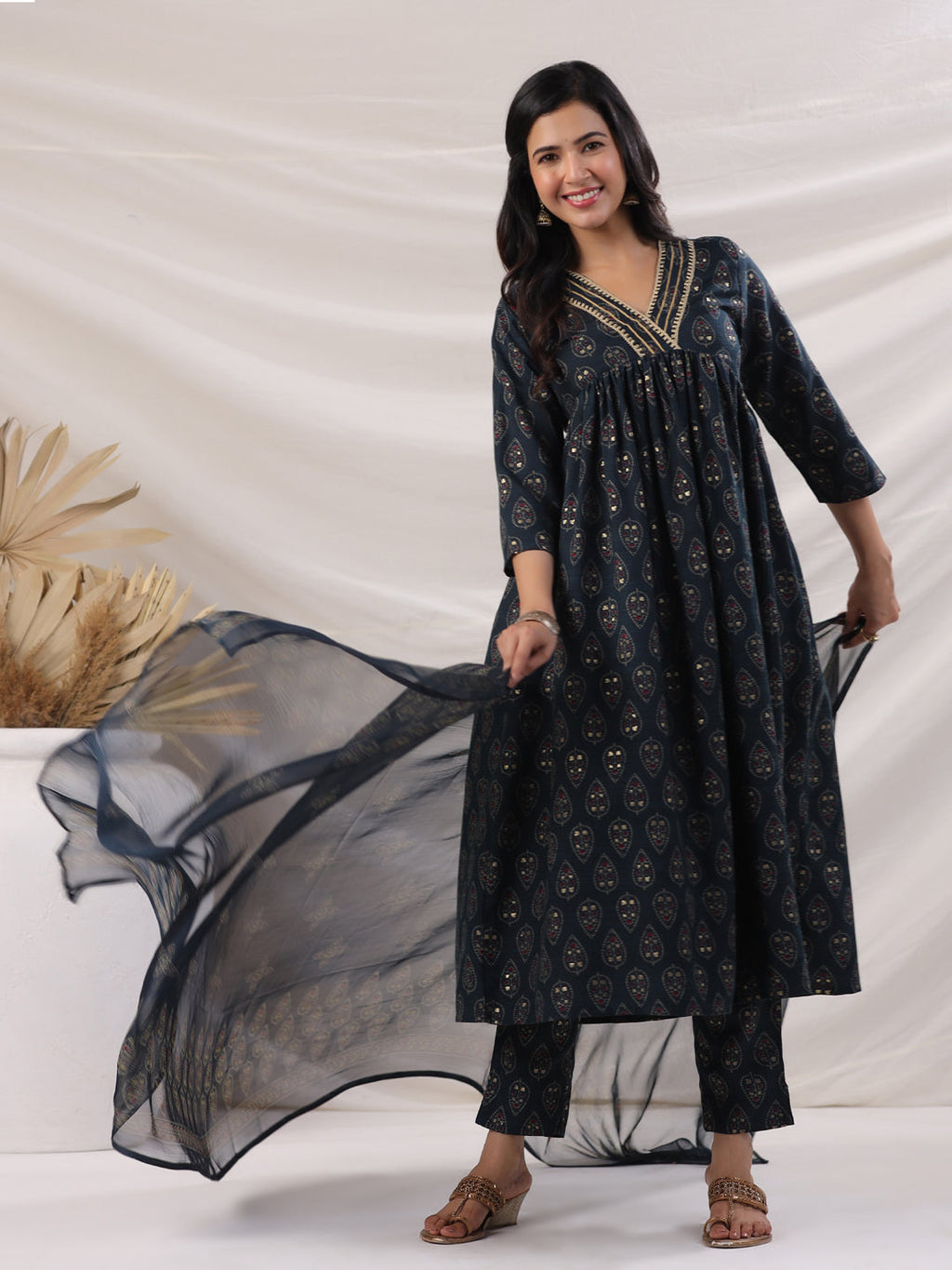 Janasya Pleated Biscuit Slub Teal Ethnic Motifs V-Neck Kurta,Bottom & Dupatta