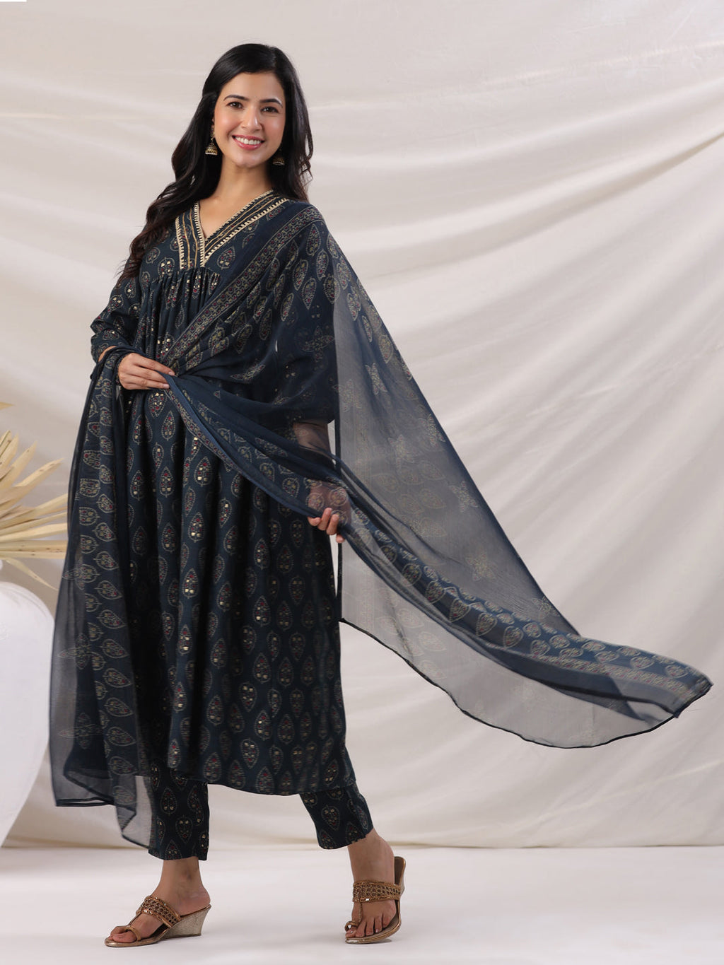 Janasya Pleated Biscuit Slub Teal Ethnic Motifs V-Neck Kurta,Bottom & Dupatta