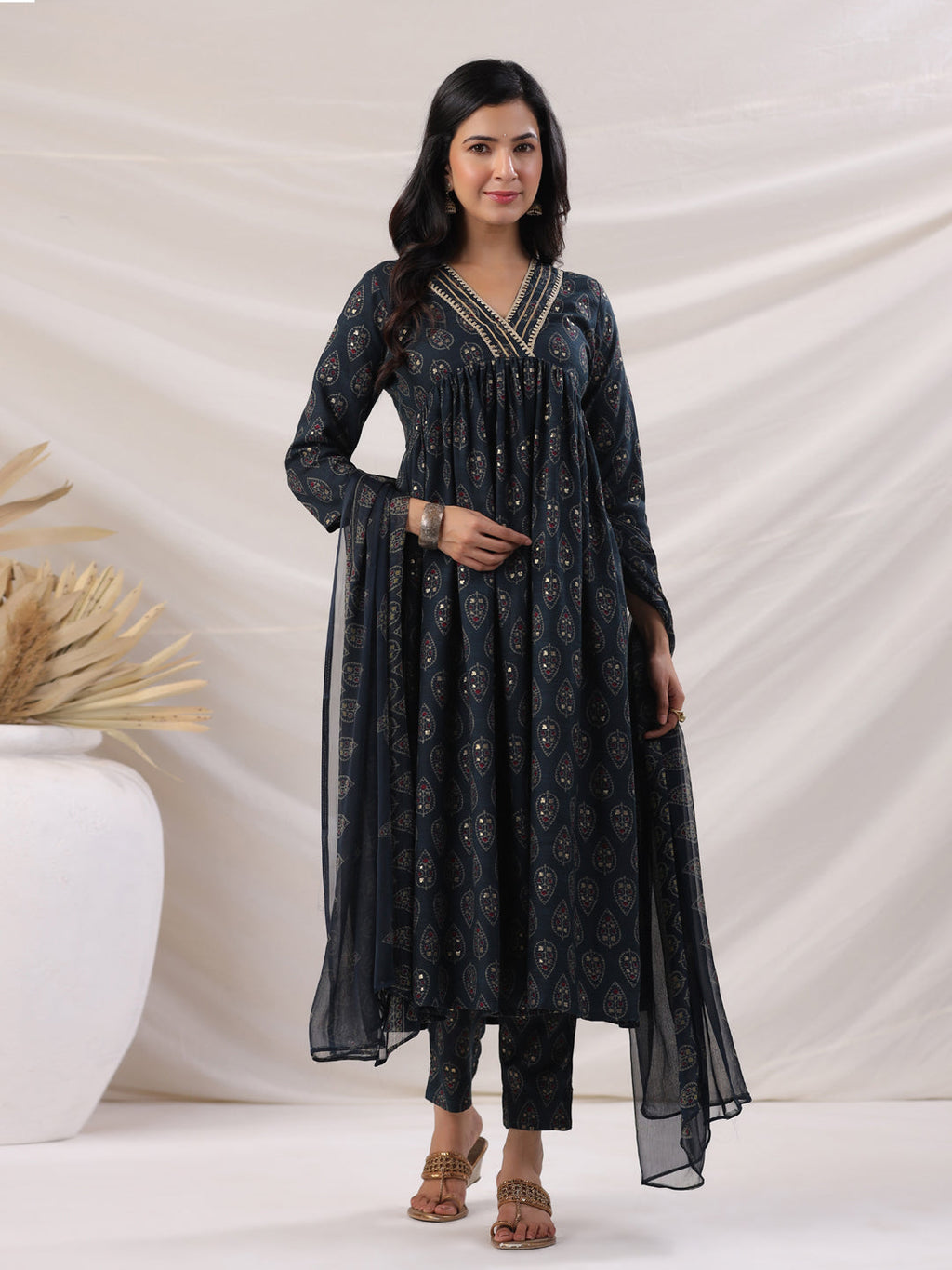 Janasya Pleated Biscuit Slub Teal Ethnic Motifs V-Neck Kurta,Bottom & Dupatta