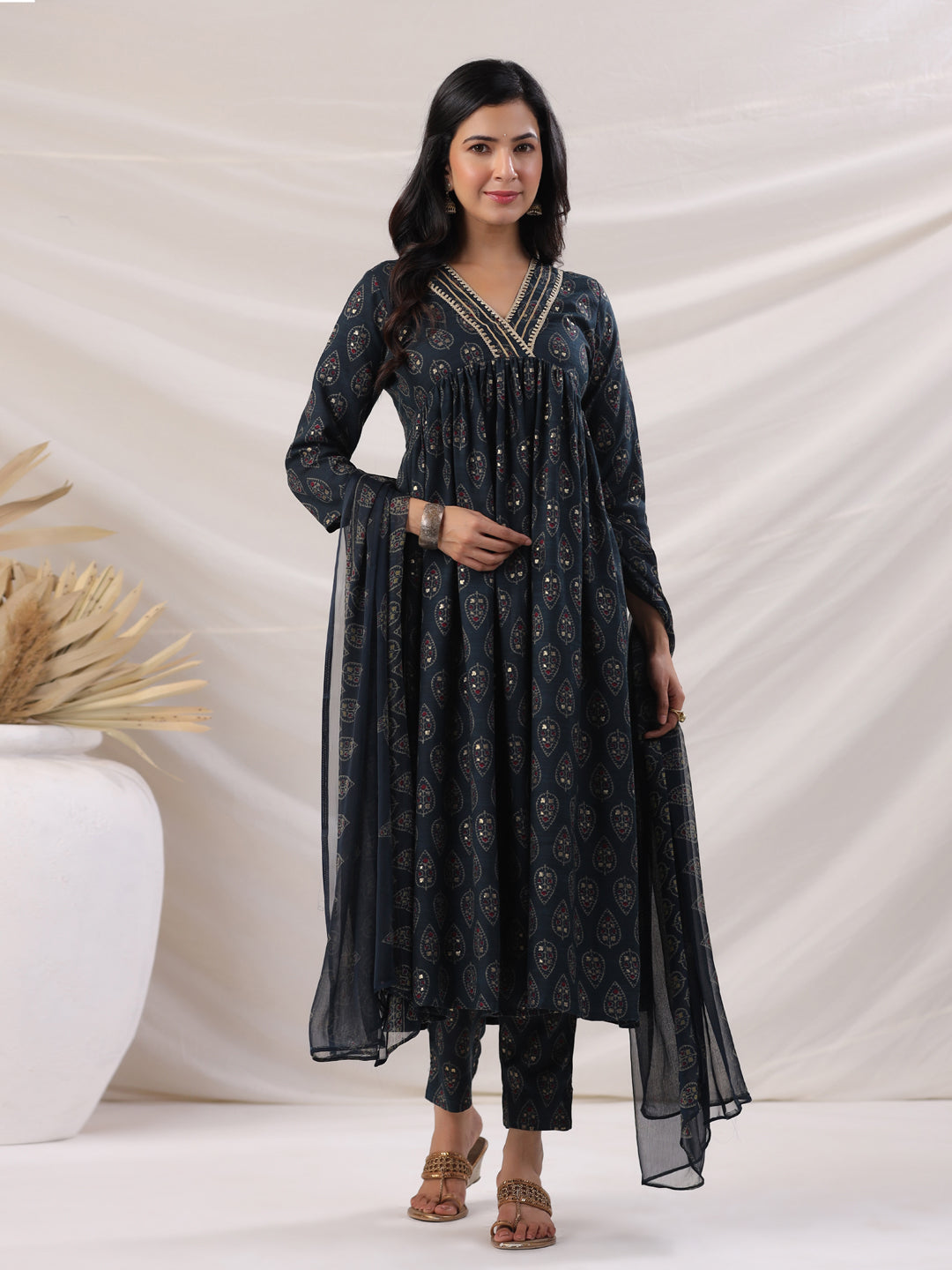 Janasya Pleated Biscuit Slub Teal Ethnic Motifs V-Neck Kurta,Bottom & Dupatta