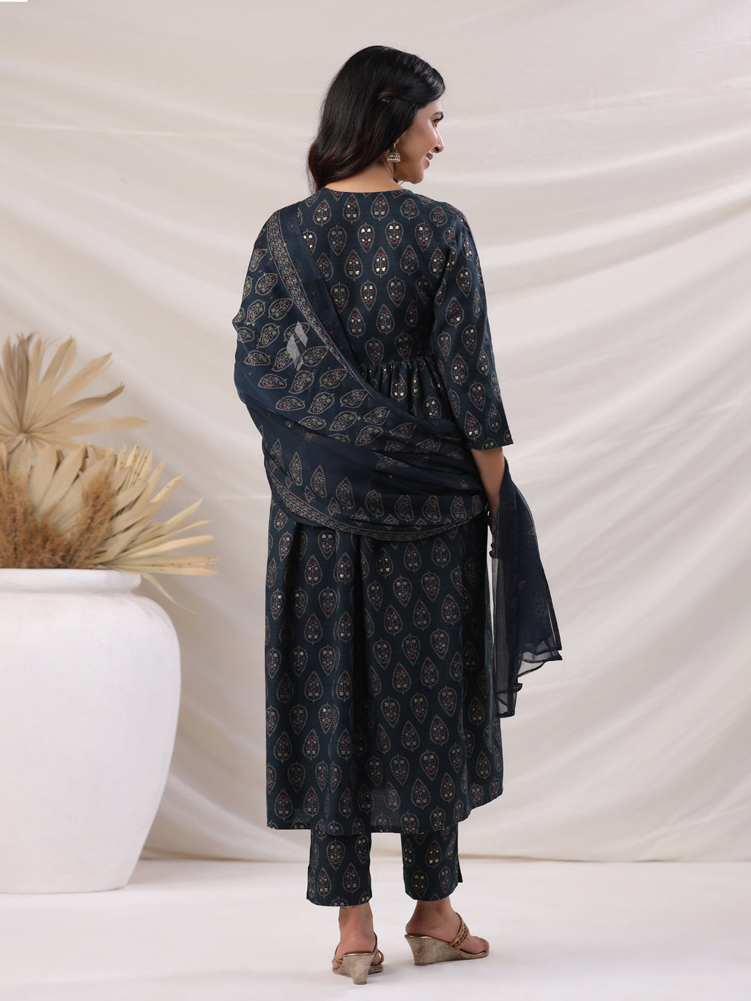 Janasya Pleated Biscuit Slub Teal Ethnic Motifs V-Neck Kurta,Bottom & Dupatta