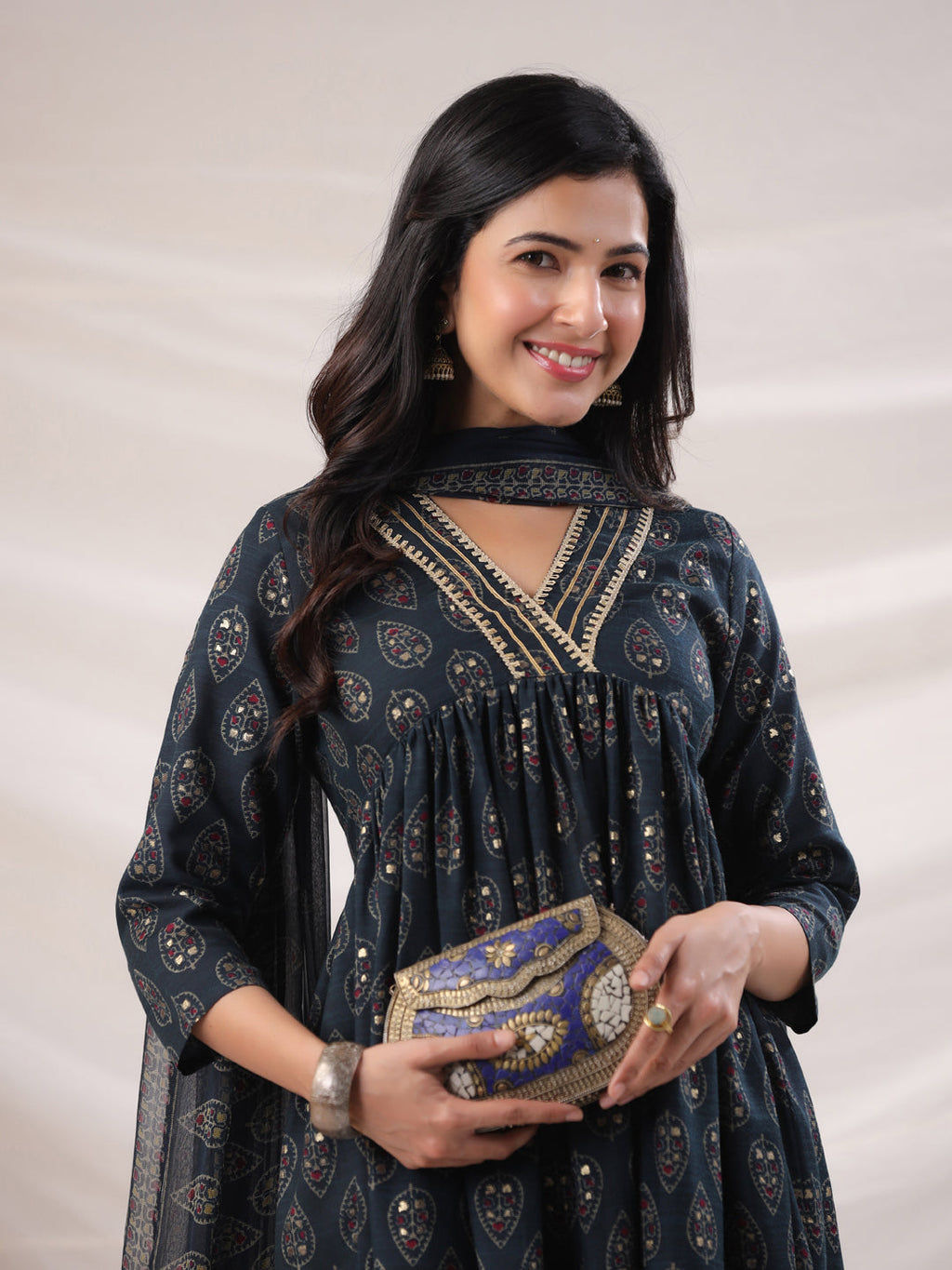 Janasya Pleated Biscuit Slub Teal Ethnic Motifs V-Neck Kurta,Bottom & Dupatta