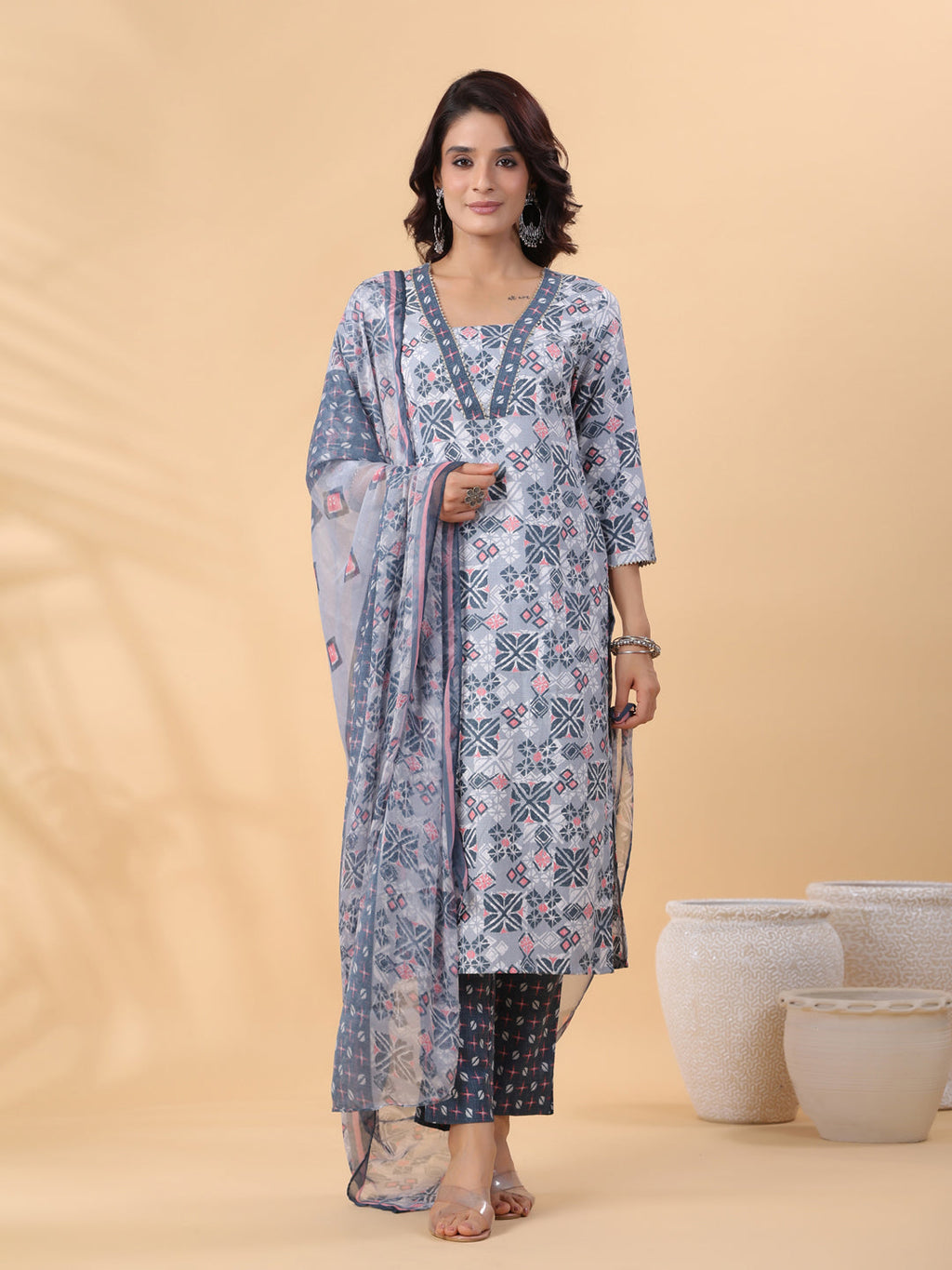 Janasya Regular Biscuit Slub Grey Gemometric Square Neck Kurta,Bottom & Dupatta