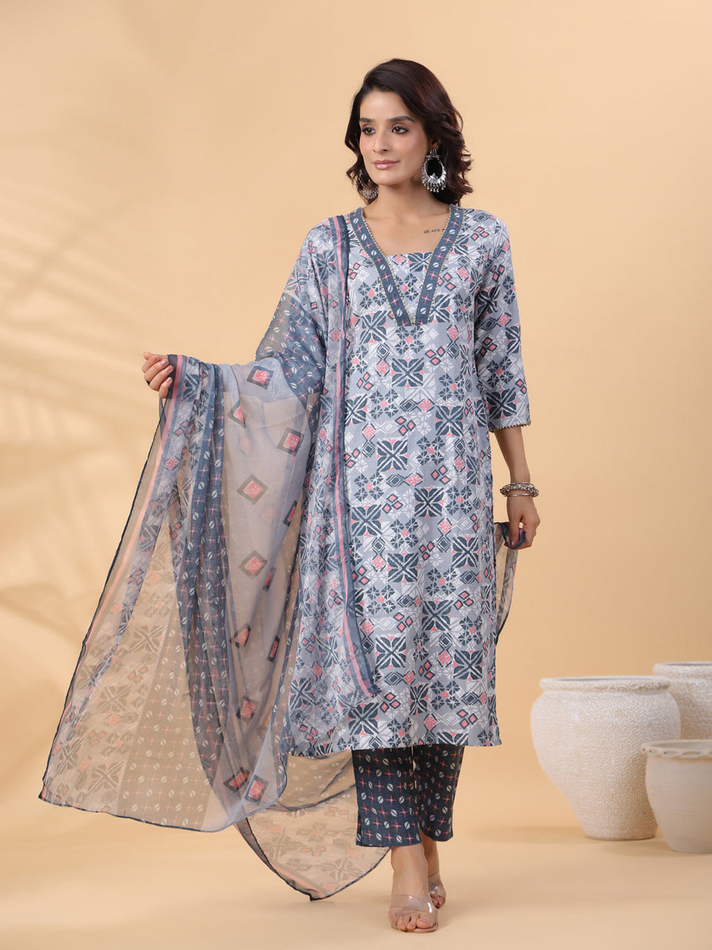 Janasya Regular Biscuit Slub Grey Gemometric Square Neck Kurta,Bottom & Dupatta