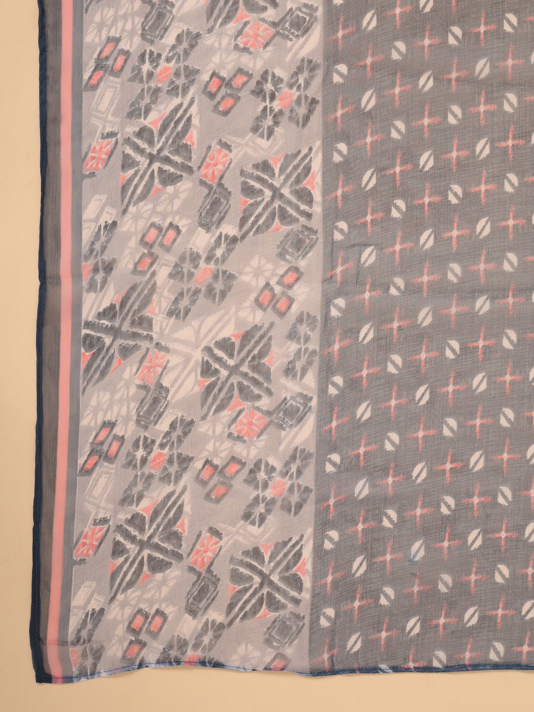 Janasya Regular Biscuit Slub Grey Gemometric Square Neck Kurta,Bottom & Dupatta