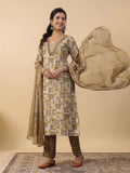 Janasya Regular Biscuit Slub Beige Gemometric Square Neck Kurta,Bottom & Dupatta
