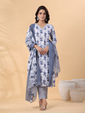 Janasya Regular Magics Slub White Floral V-Neck Kurta,Bottom & Dupatta