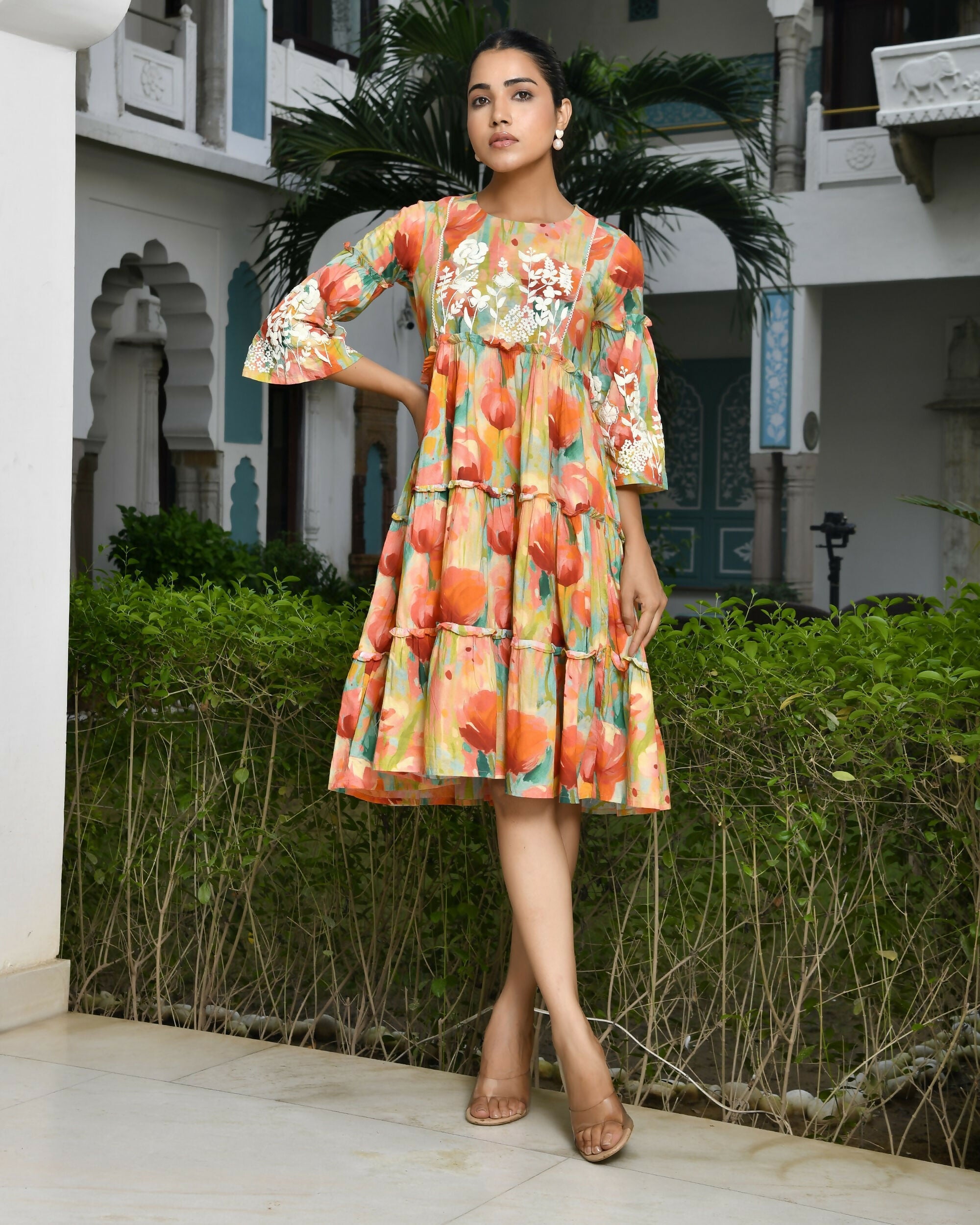 Vaasva Women's Orange Cotton Embroidered& Digital Printed Dress