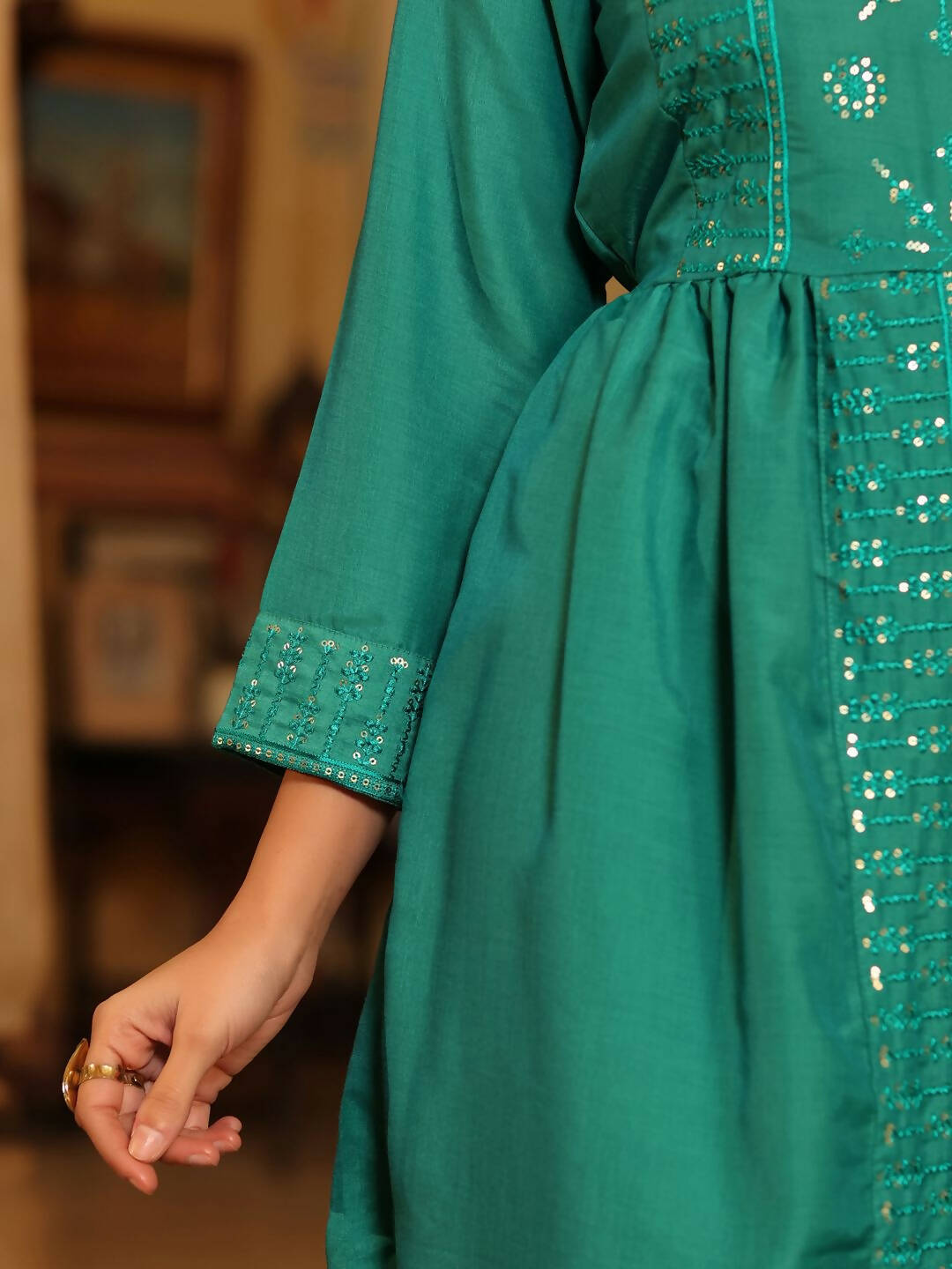 Juniper Women's Teal Festive Embroiderd Flared Dress