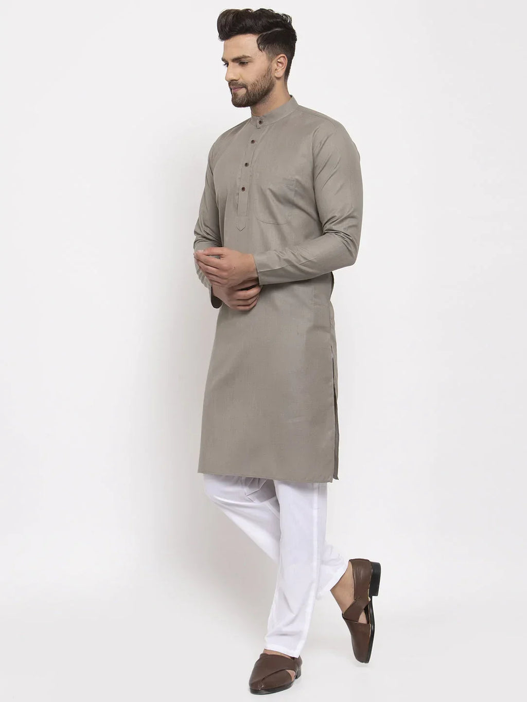 Jompers Men's Grey & White Solid Kurta with Churidar