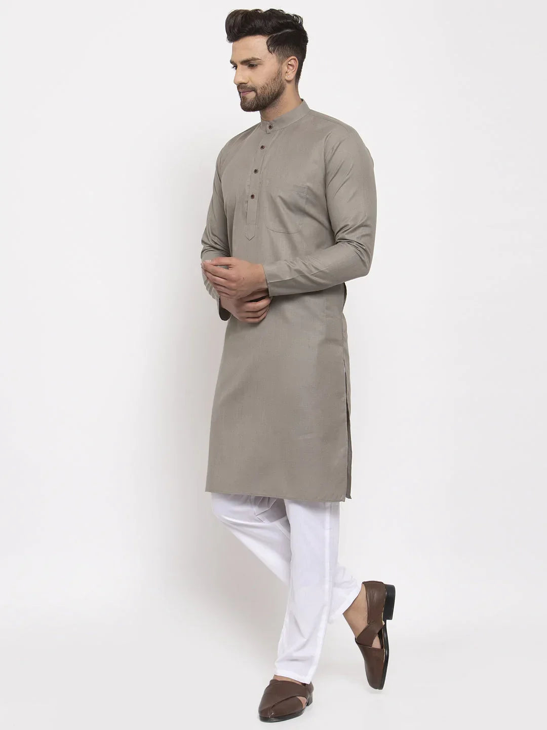 Jompers Men's Grey & White Solid Kurta with Churidar
