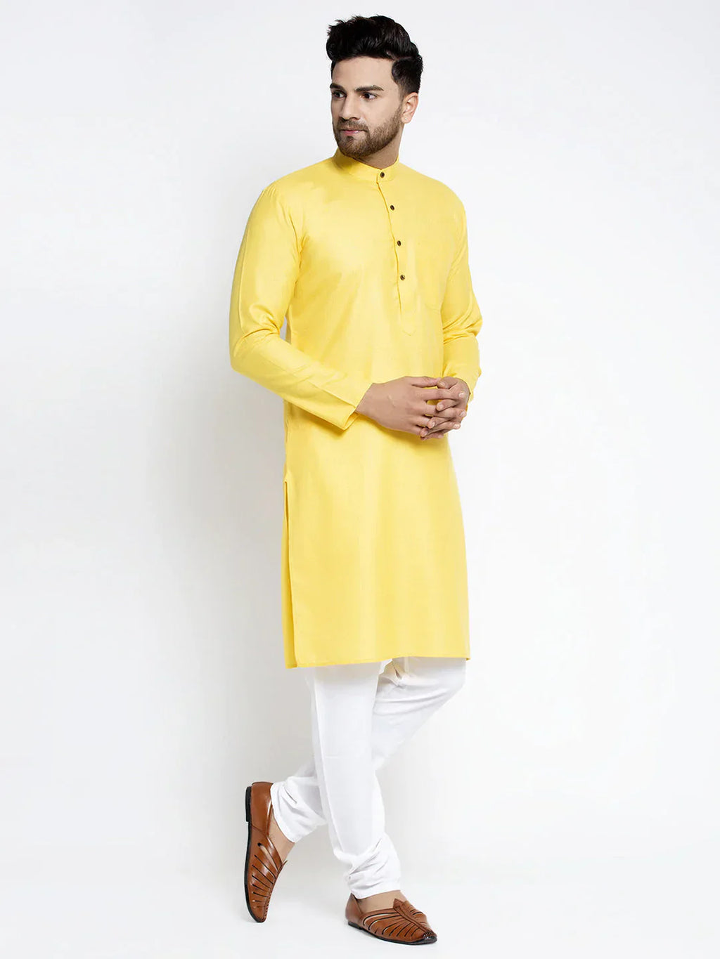 Jompers Men's Lemon & White Solid Kurta with Churidar