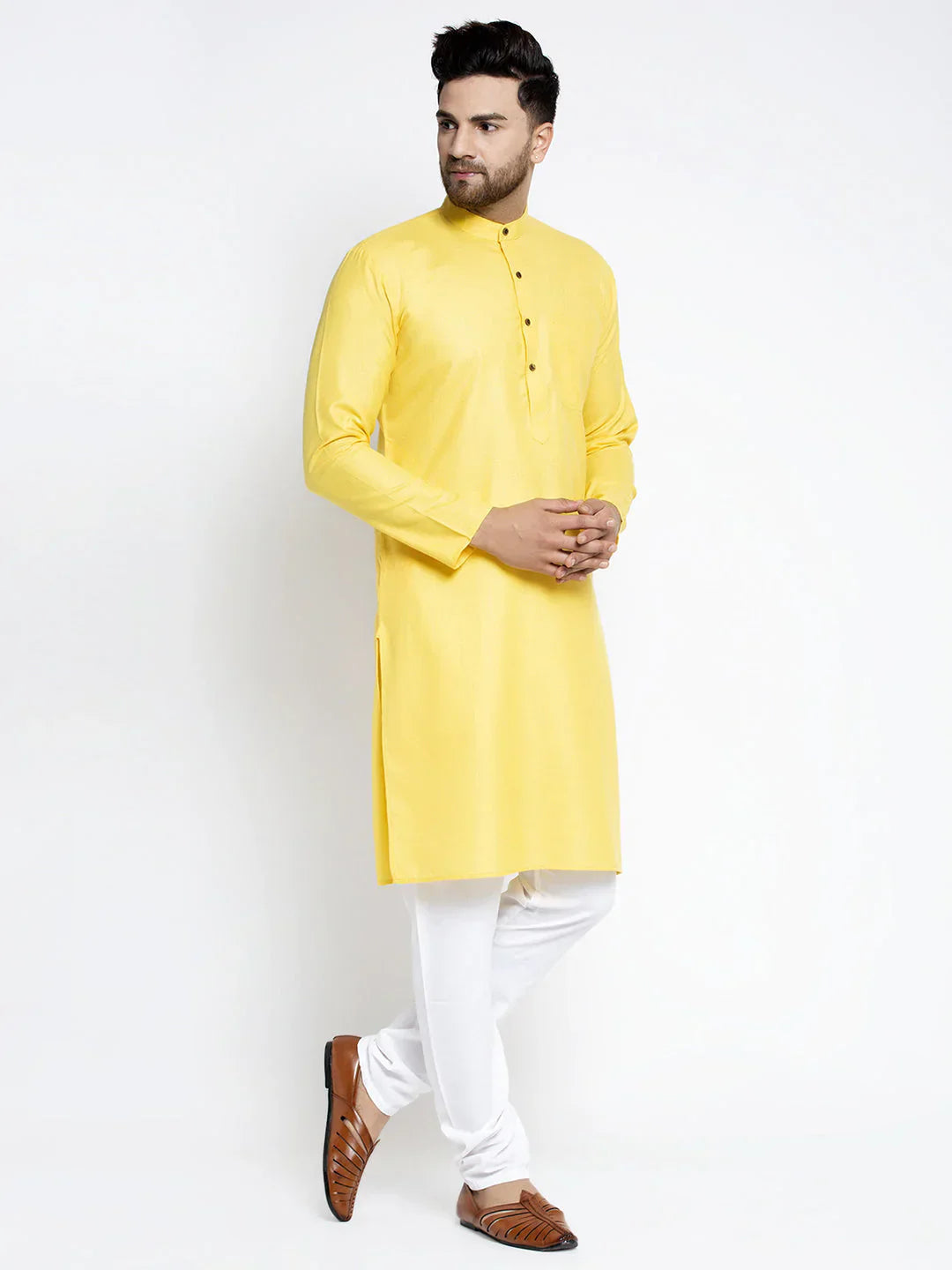 Jompers Men's Lemon & White Solid Kurta with Churidar