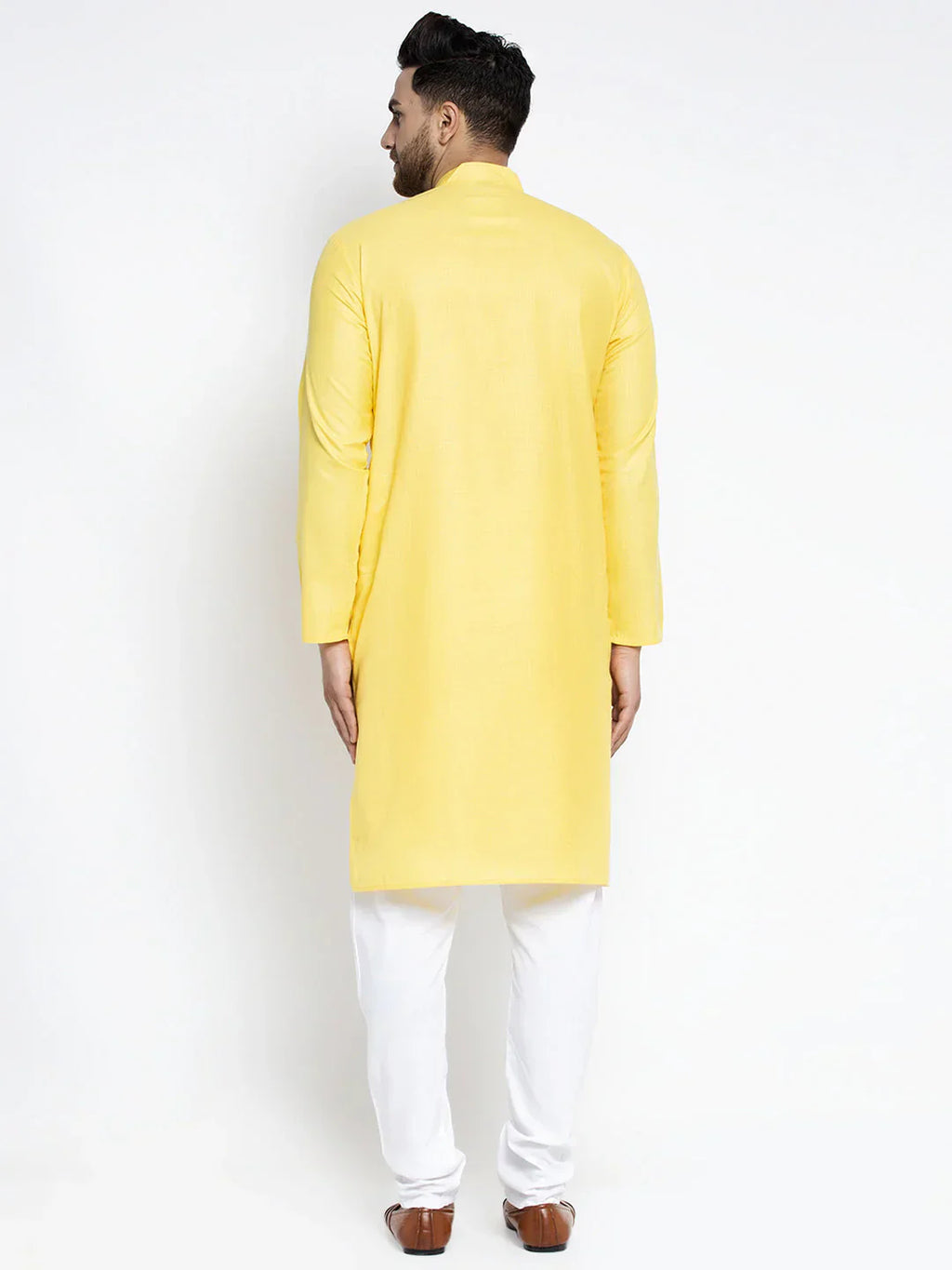 Jompers Men's Lemon & White Solid Kurta with Churidar