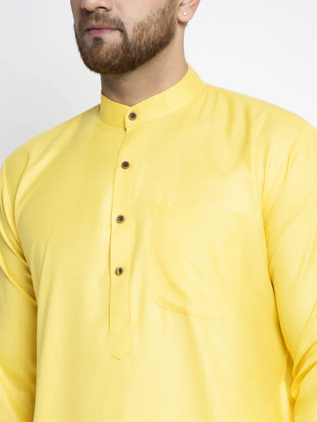 Jompers Men's Lemon & White Solid Kurta with Churidar