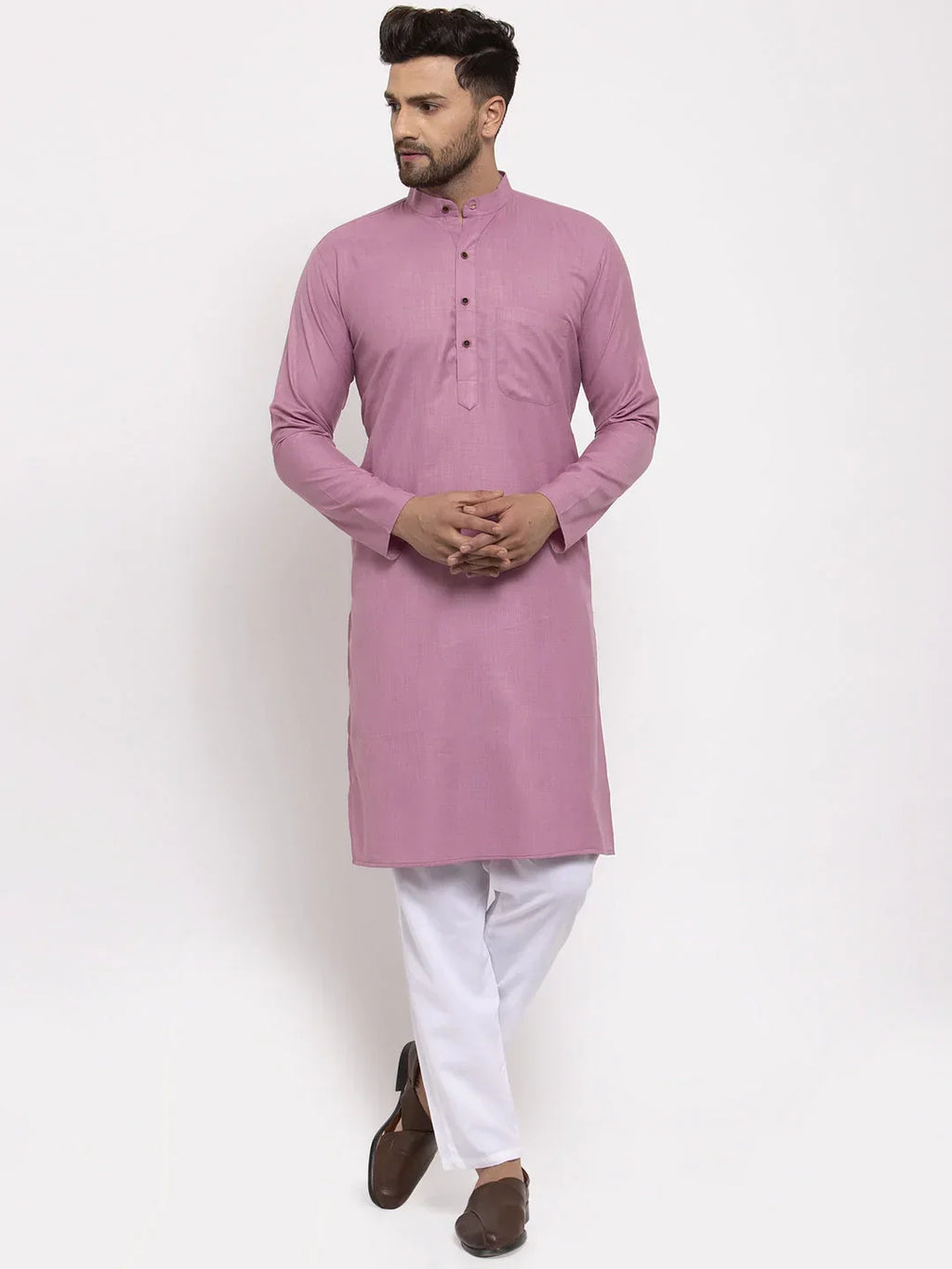Jompers Men's Magenta Pink & White Solid Kurta with Churidar