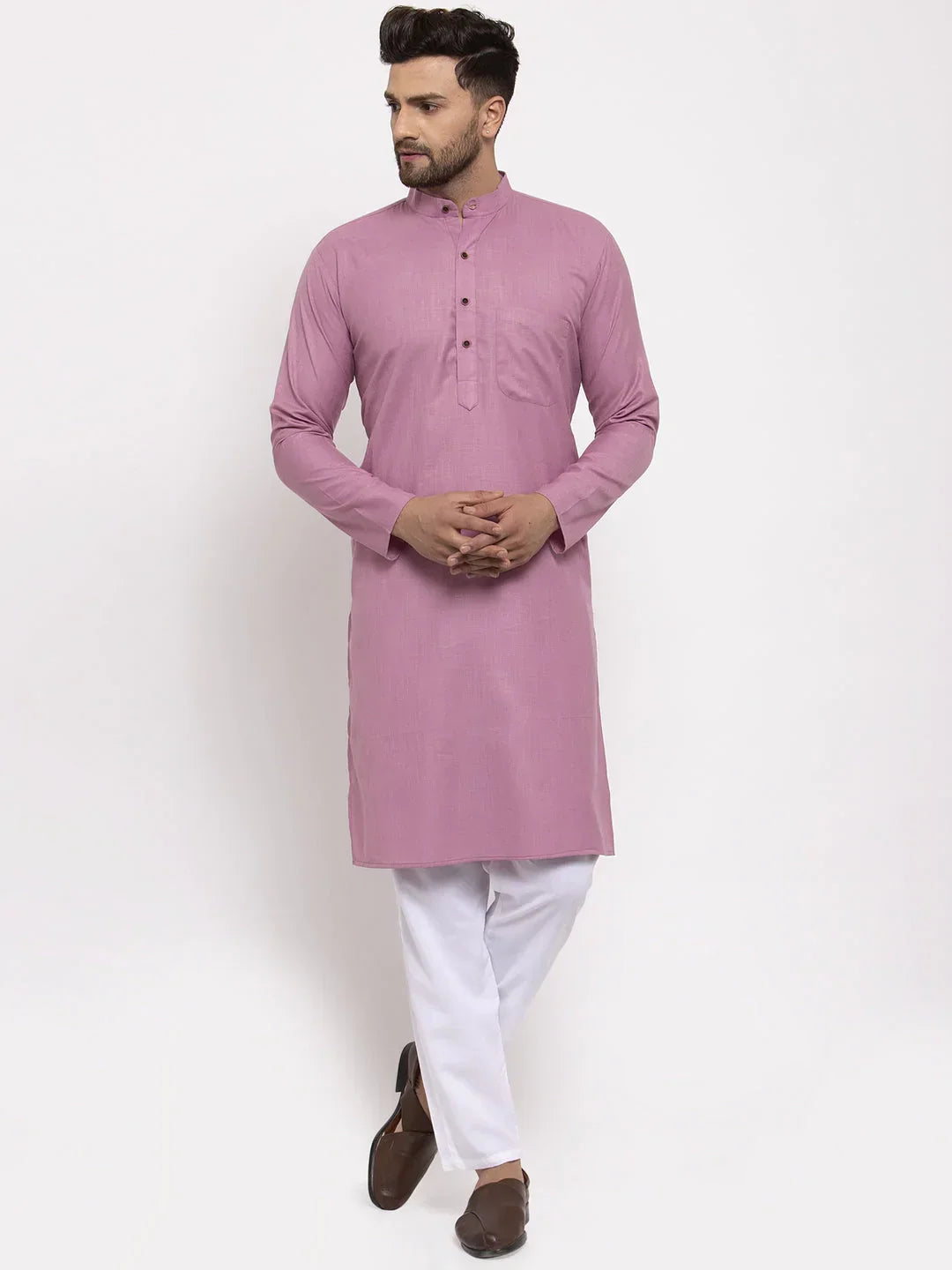 Jompers Men's Magenta Pink & White Solid Kurta with Churidar