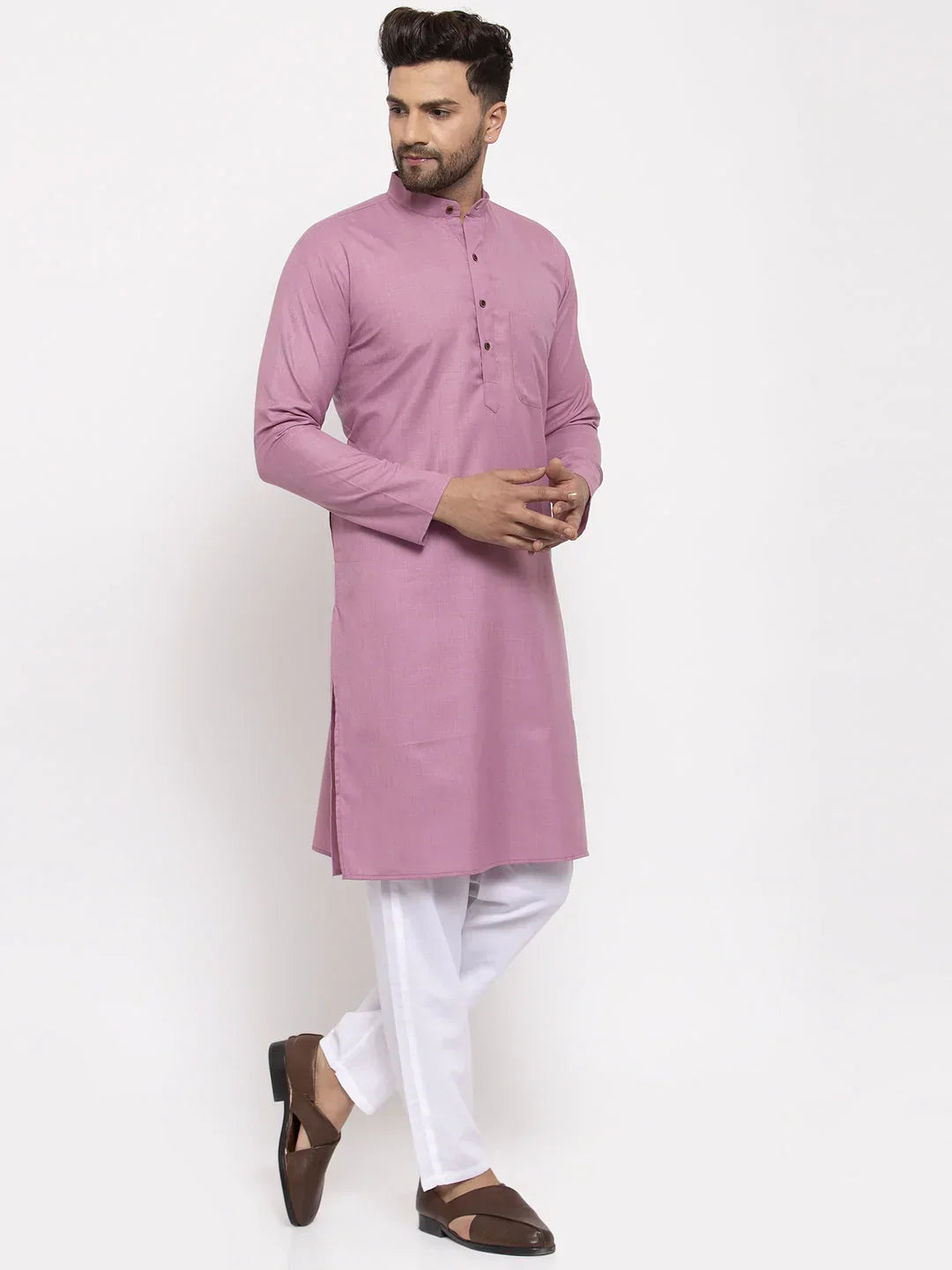 Jompers Men's Magenta Pink & White Solid Kurta with Churidar