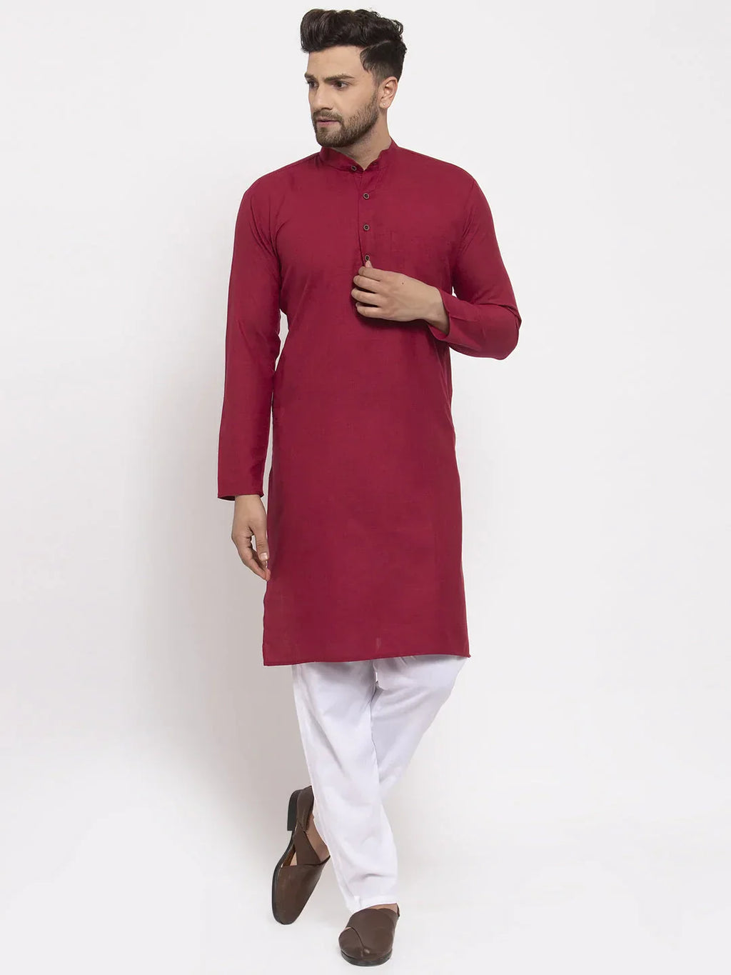 Jompers Men's Maroon & White Solid Kurta with Churidar