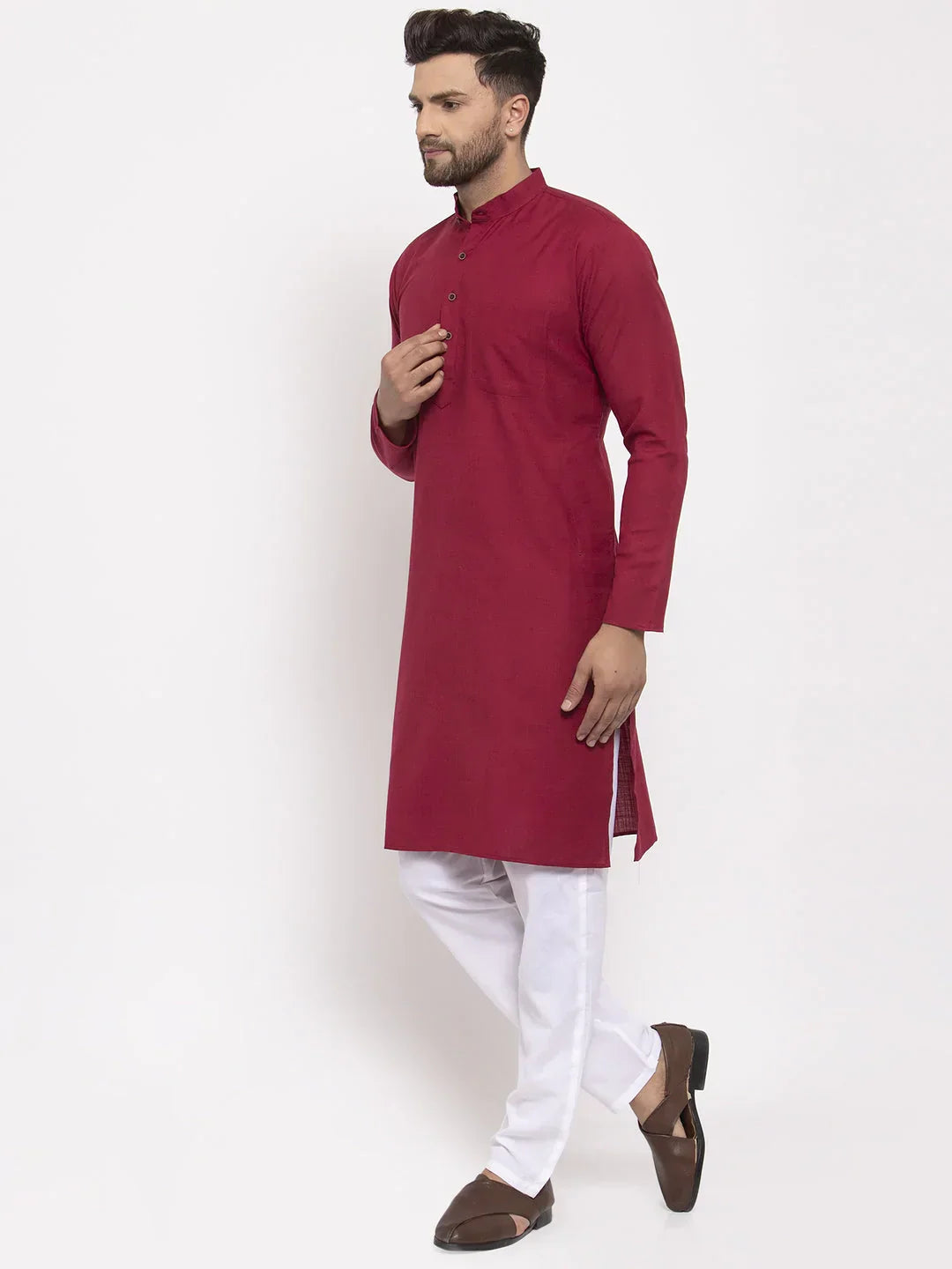 Jompers Men's Maroon & White Solid Kurta with Churidar