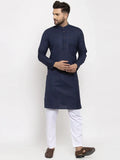 Jompers Men's Navy-Blue & White Solid Kurta with Churidar