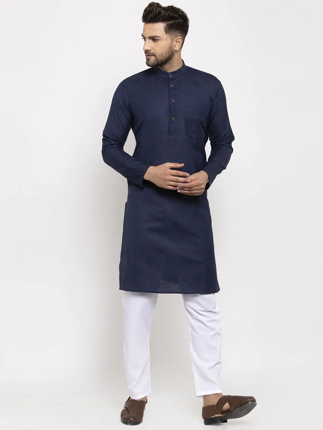 Jompers Men's Navy-Blue & White Solid Kurta with Churidar