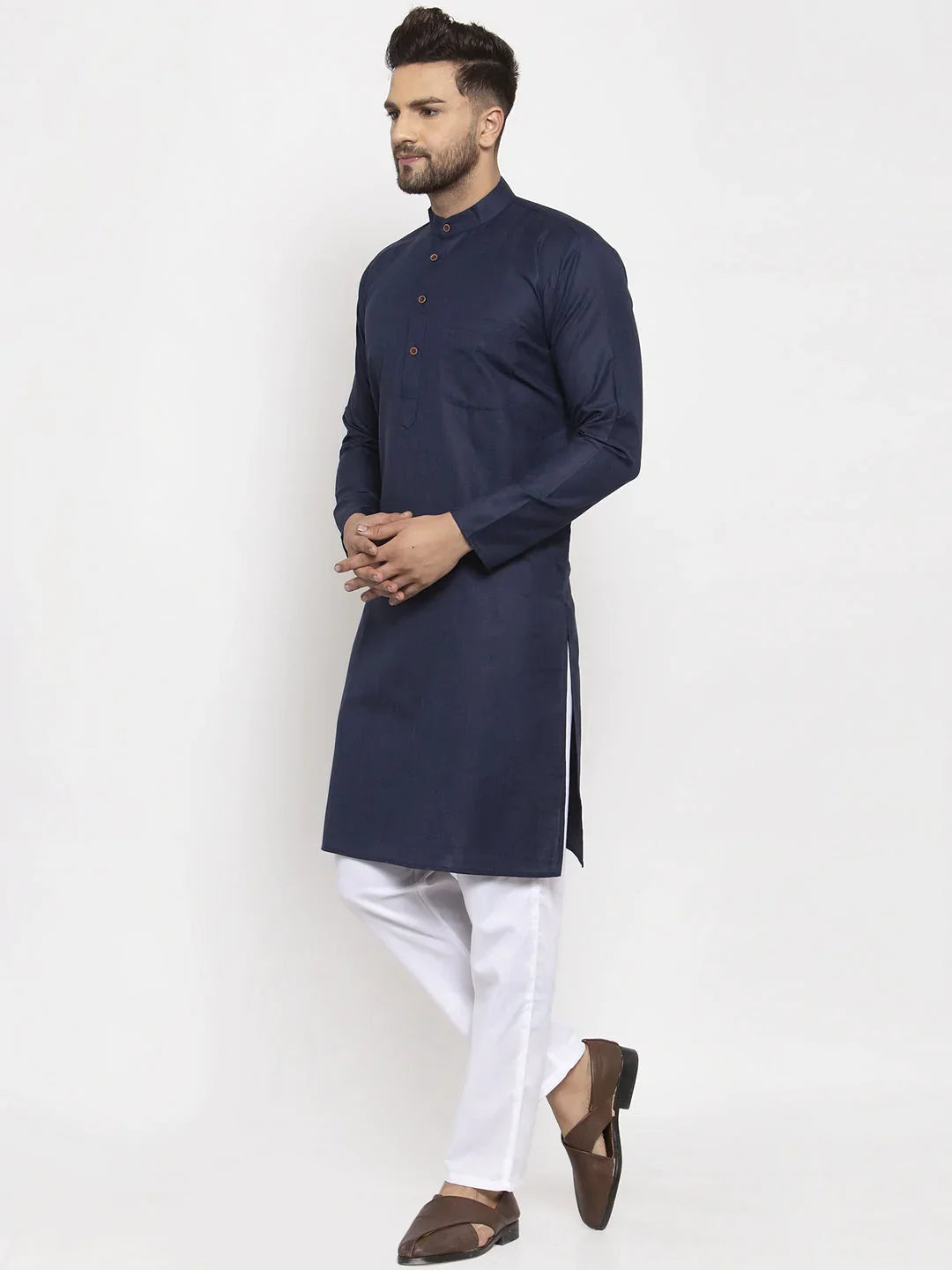Jompers Men's Navy-Blue & White Solid Kurta with Churidar