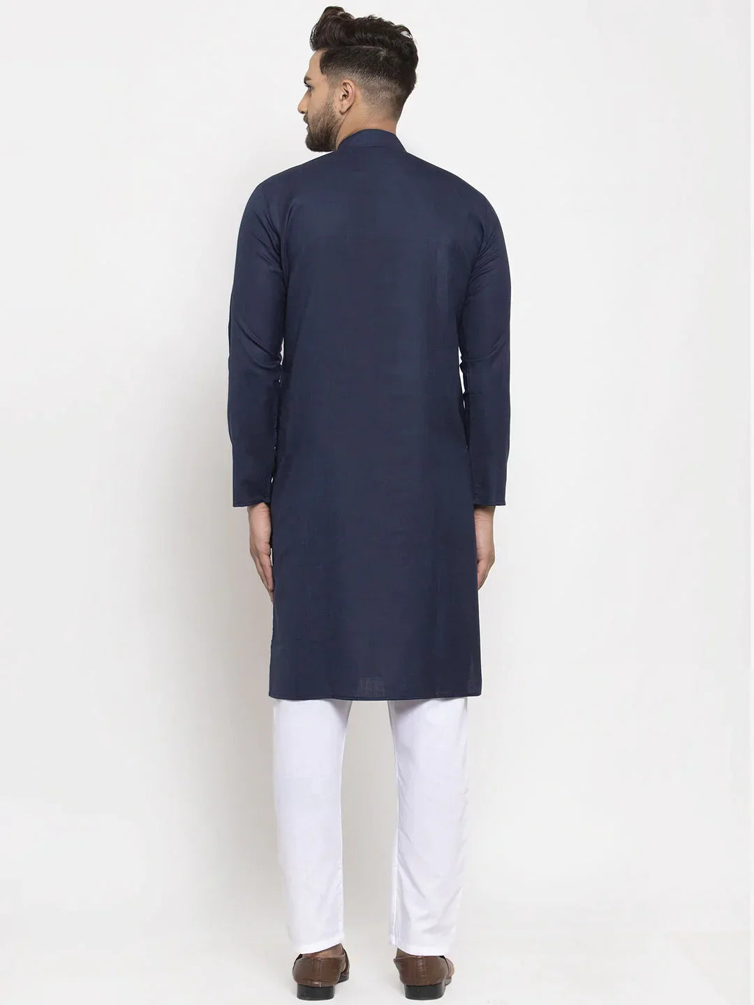 Jompers Men's Navy-Blue & White Solid Kurta with Churidar