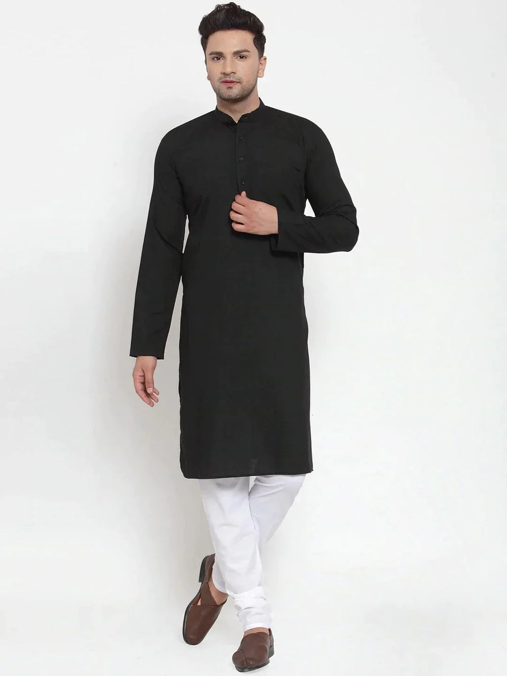 Jompers Men's Black Cotton Solid Kurta Payjama Sets