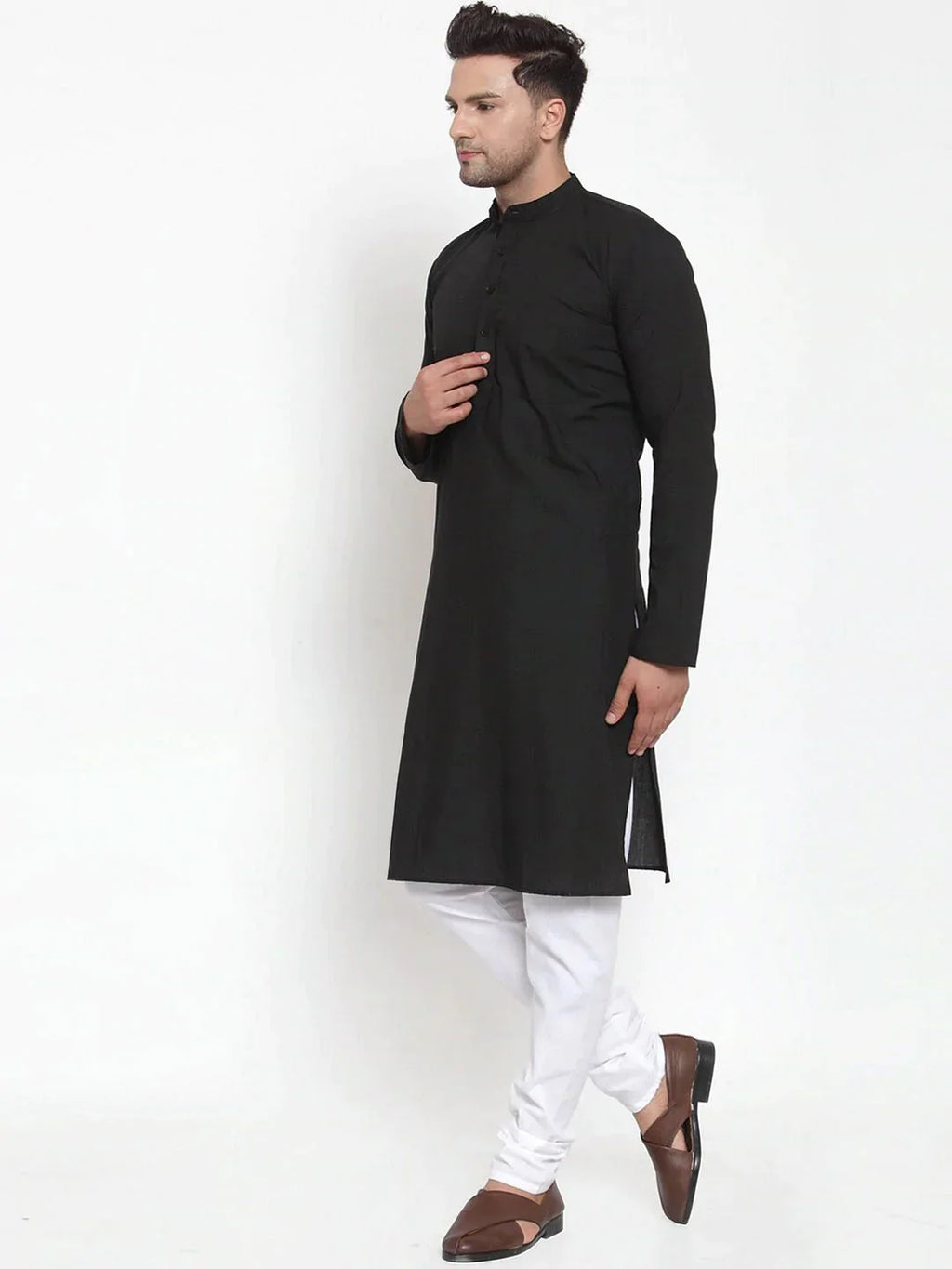 Jompers Men's Black Cotton Solid Kurta Payjama Sets