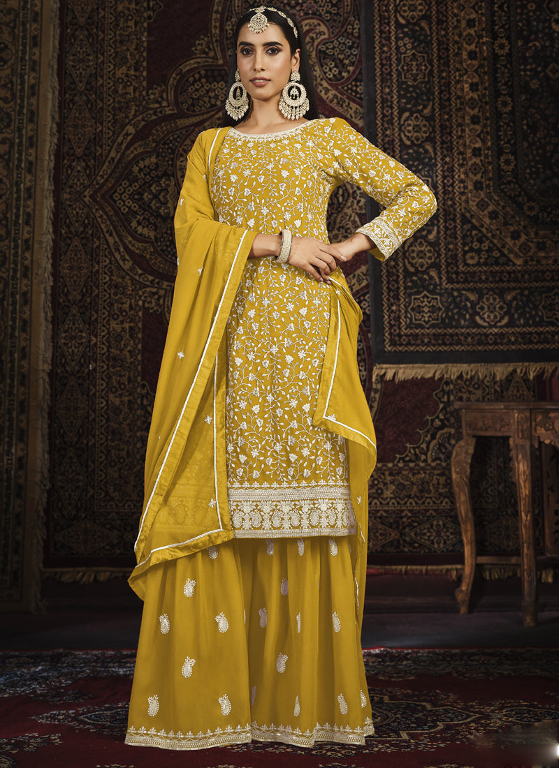 Vegaa Fashion Designer Yellow Faux Georgette Sharara Suit