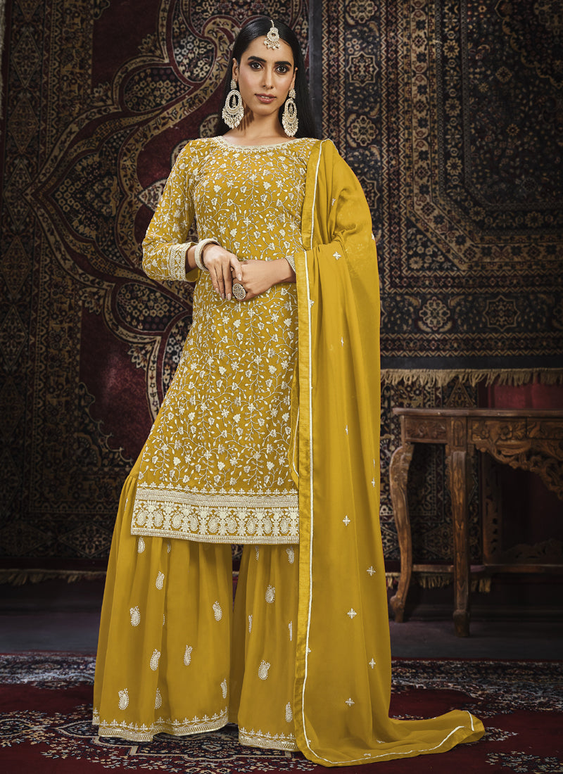 Vegaa Fashion Designer Yellow Faux Georgette Sharara Suit
