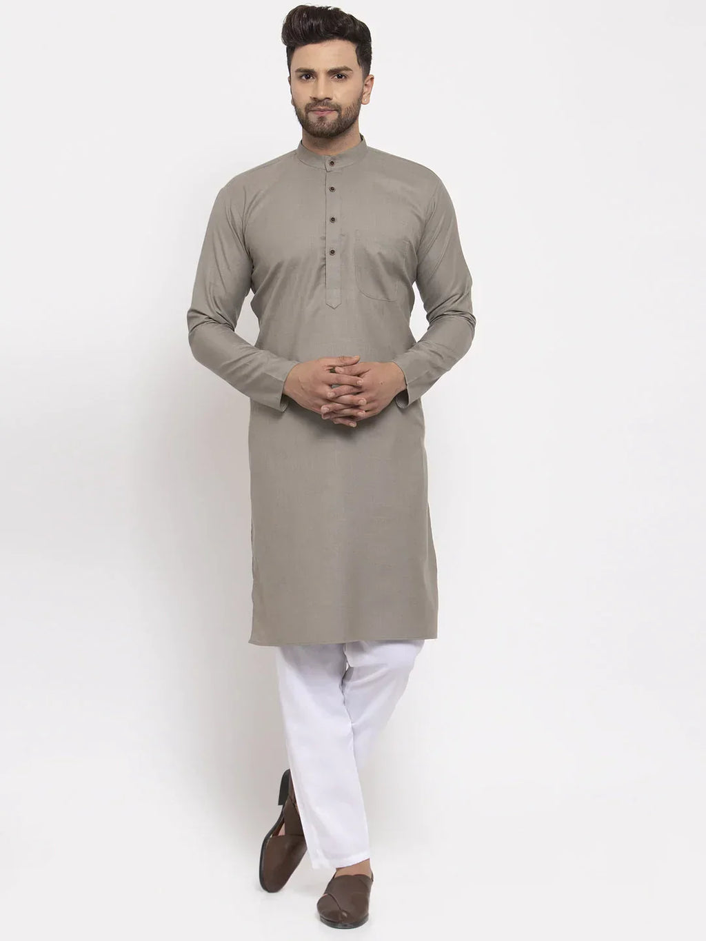 Jompers Men's Grey & White Solid Kurta with Churidar