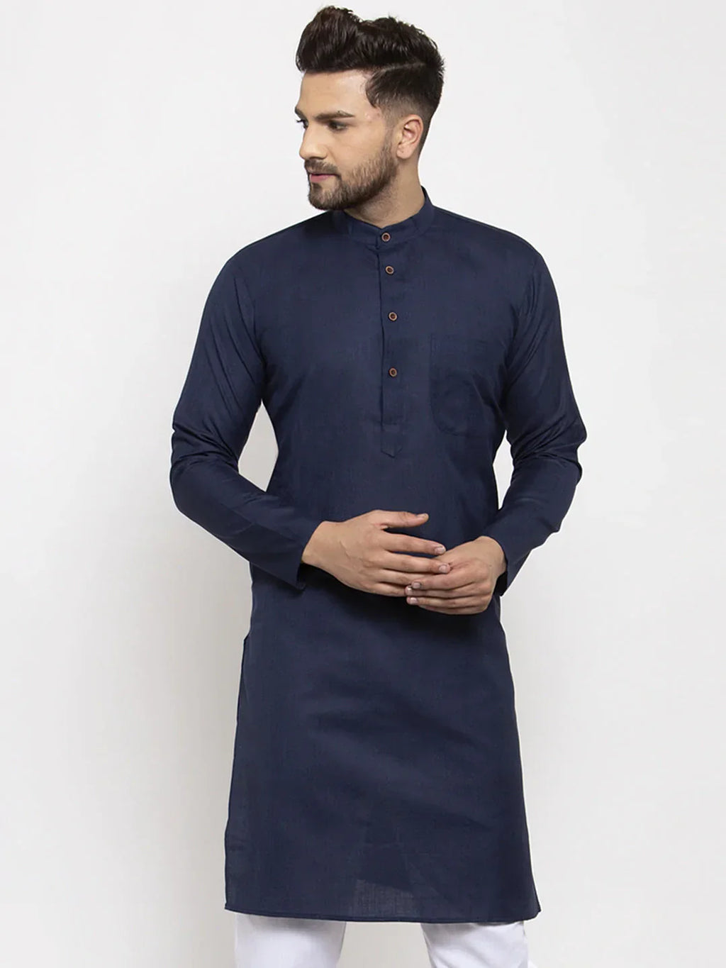 Jompers Men's Navy-Blue & White Solid Kurta Only