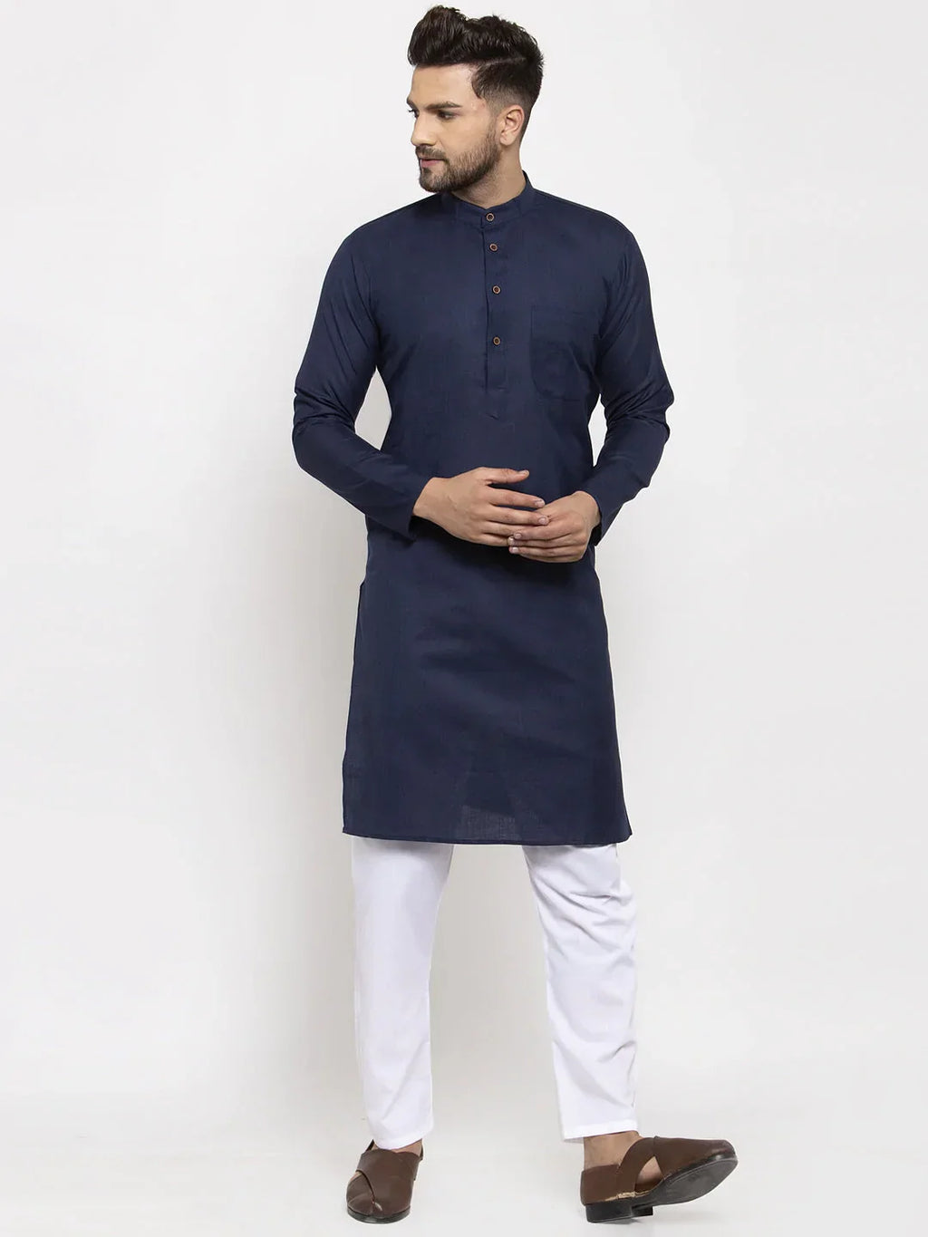 Jompers Men's Navy-Blue & White Solid Kurta Only
