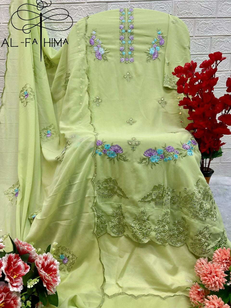 Jyoti Fashion Women's Pista Green Faux Georgette Heavy Embroidery and Moti Work Kurta Set