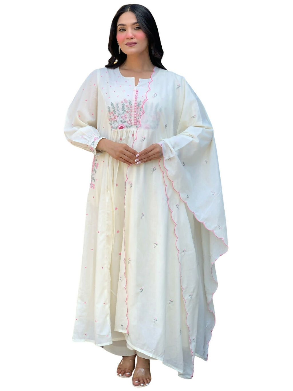 The52 White Women's Beautiful Cotton Fabric Thread Work Straight Kurta Pant and Dupatta Set