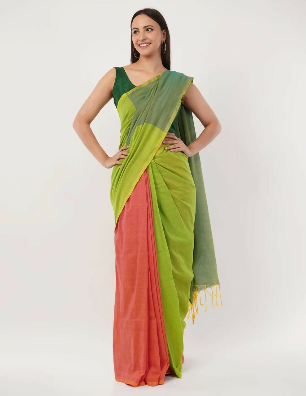 Exclusive Collection Beautiful Khadi Cotton Olive Green Orange Handloom Saree